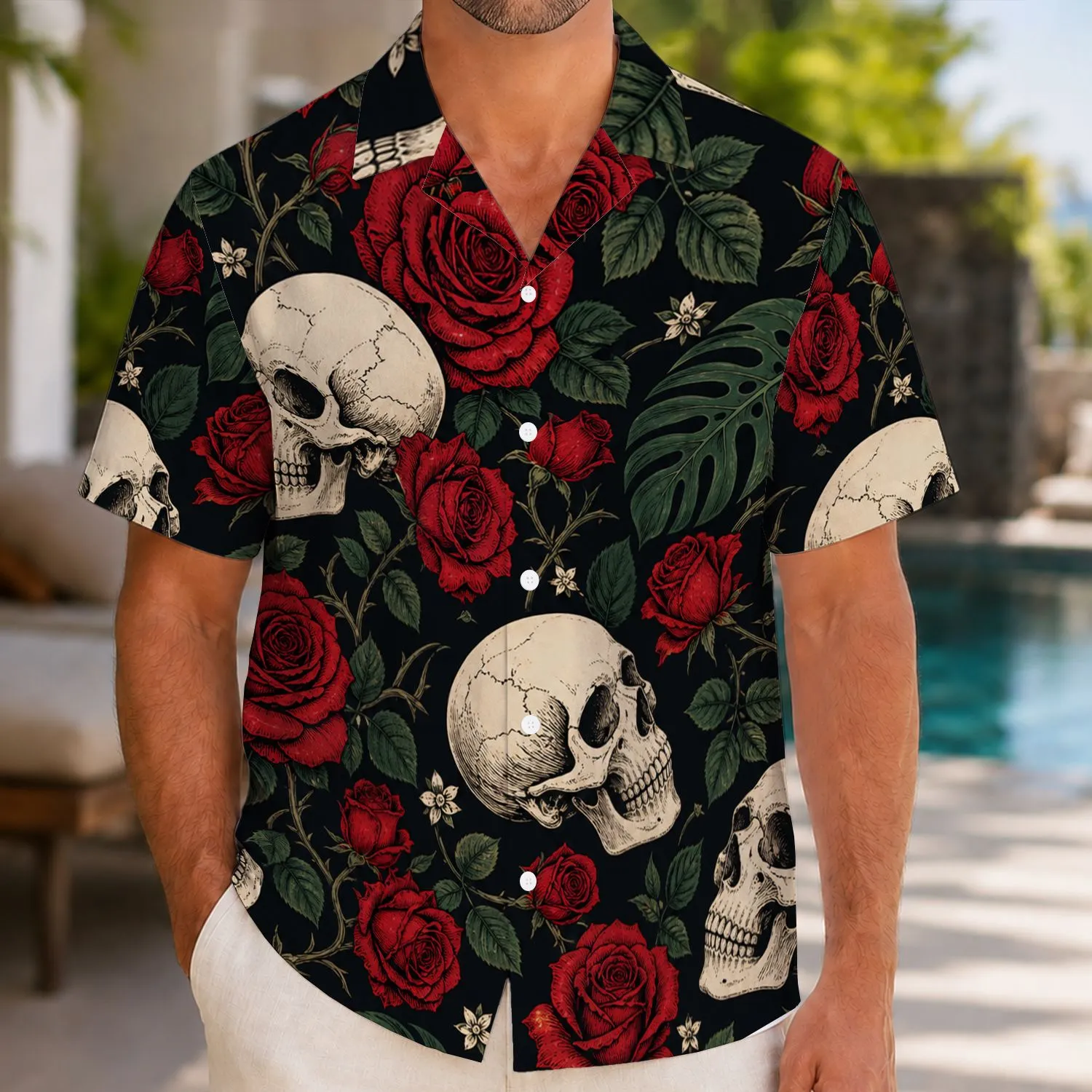 Gothic Skull And Crimson Rose Tropical Botanical Resort Style For Men Plus Size Vacation Wear Hawaiian Shirt - 1