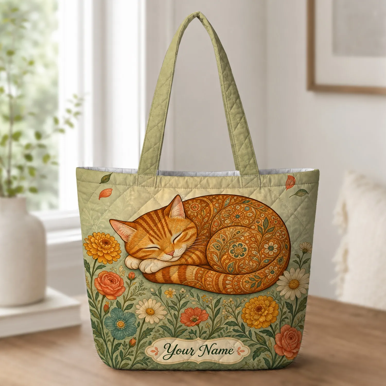 Sleeping Ginger Cat With Wildflowers For Book Lovers, Garden Gifts And Daily Errands Quilted Tote Bag - 1