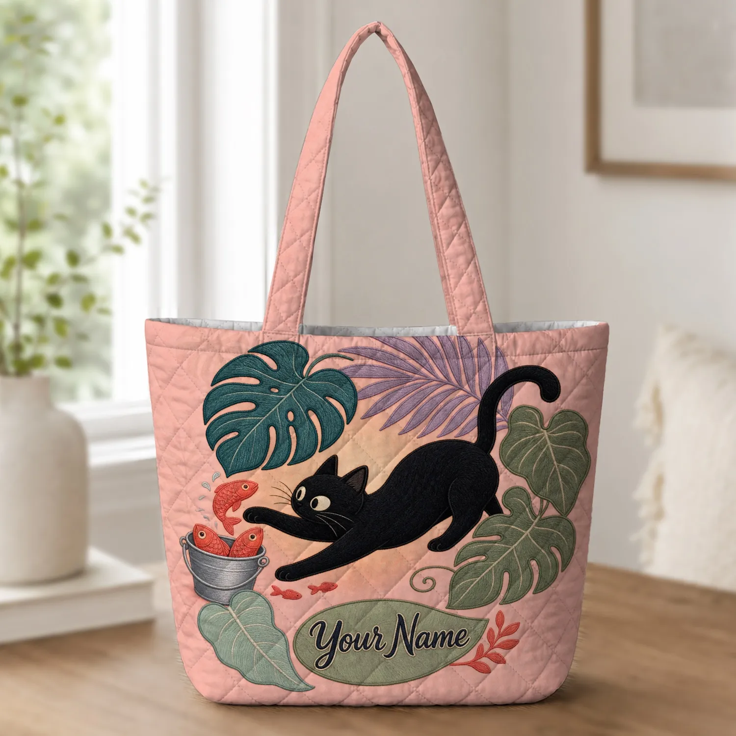 Black Cat Catching Fish With Tropical Leaves for Travel, Beach and Holiday Gifts Quilted Tote Bag - 1