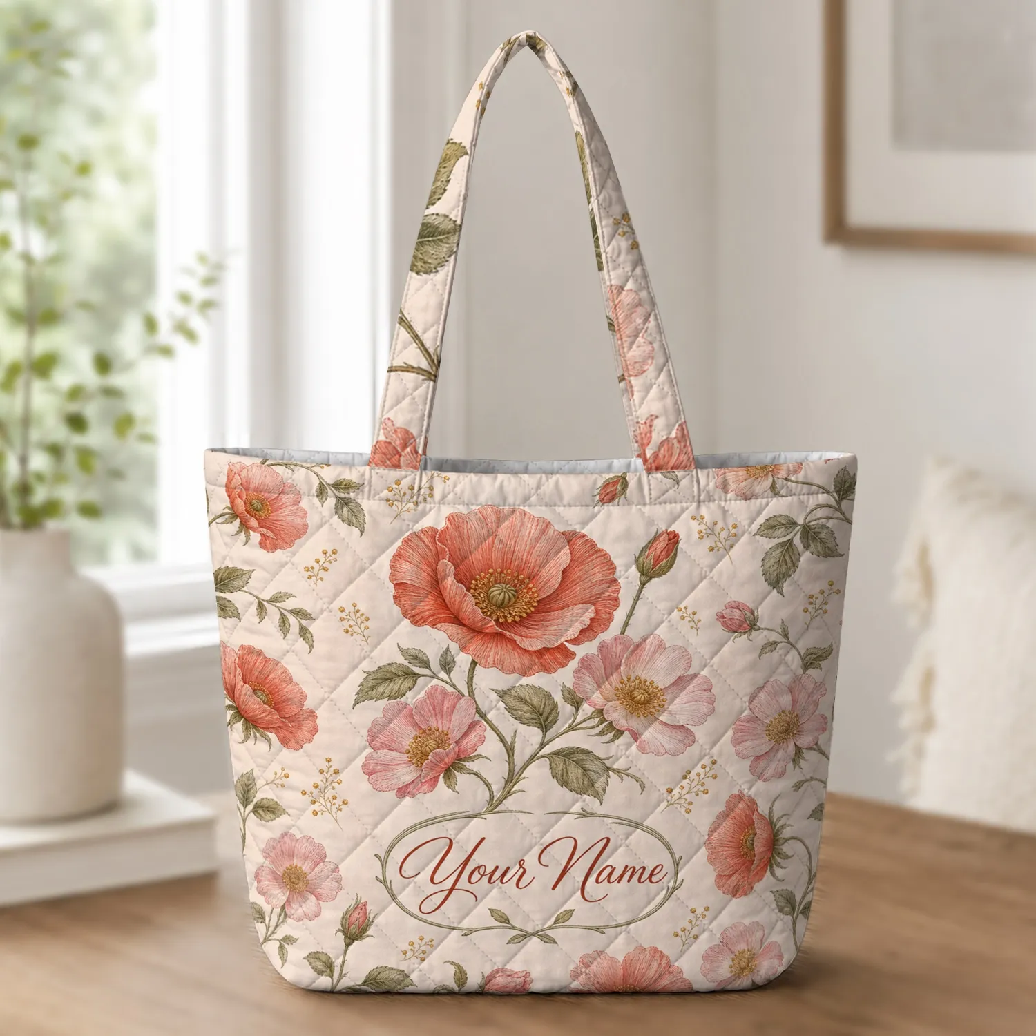 Vintage Poppy And Wild Rose Florals For Romantic Everyday Carry And Garden Lovers Quilted Tote Bag - 1