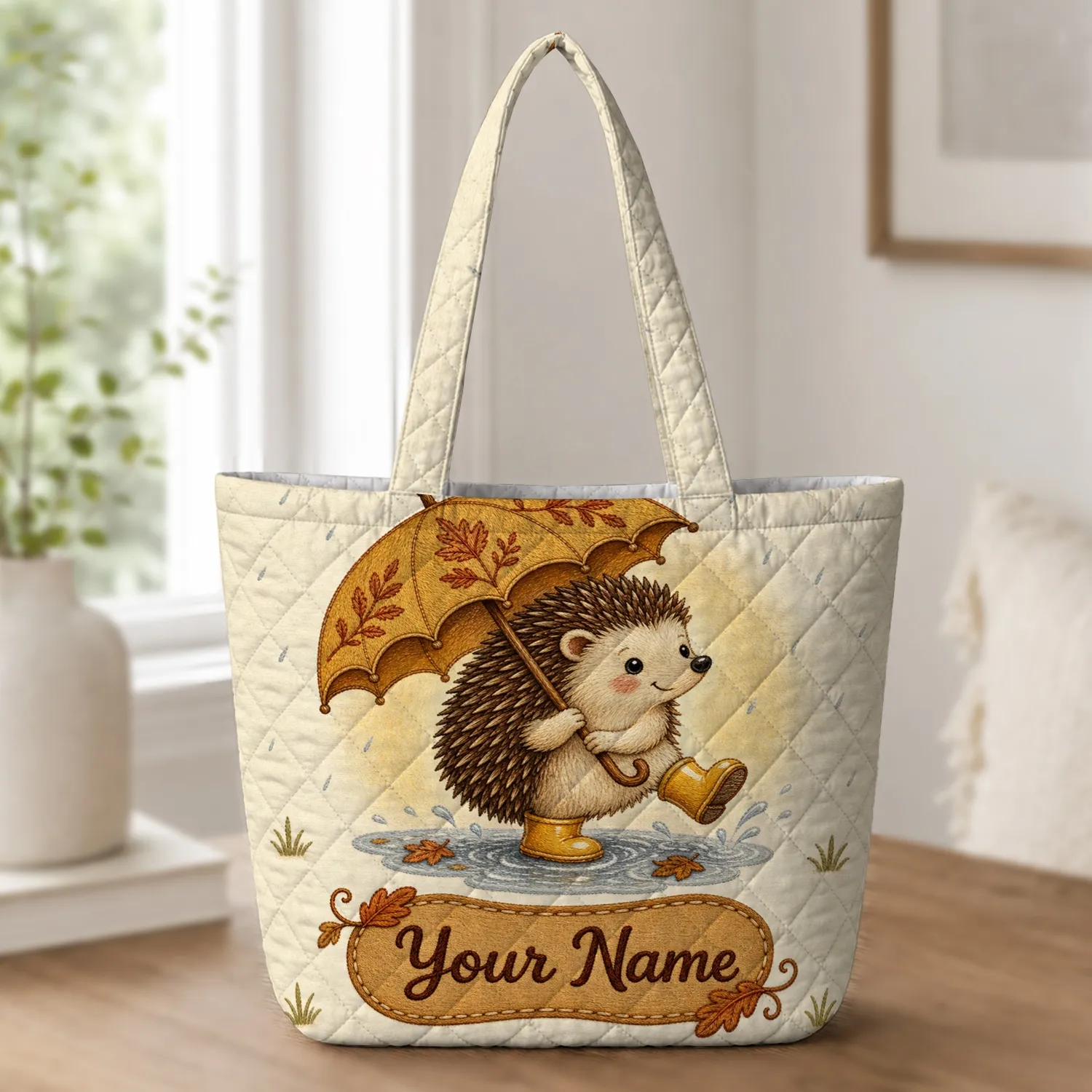 Hedgehog With Umbrella And Rain Boots for Autumn Errands and Nature Lovers Gifts Quilted Tote Bag - 1