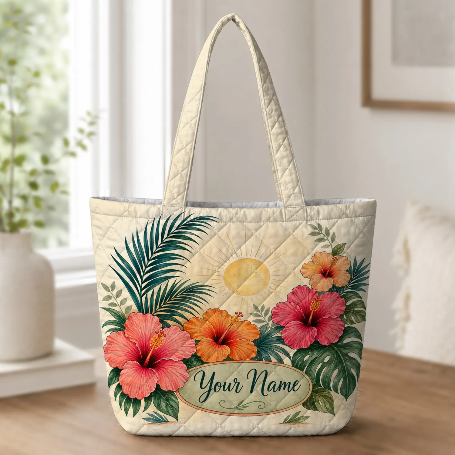Tropical Hibiscus Palm Sunrise Beach Market Carryall For Island Travel And Everyday Use Quilted Tote Bag - 1