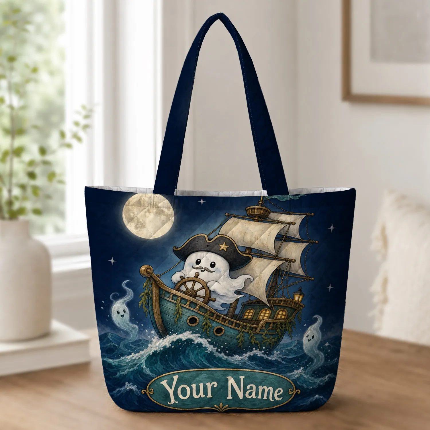 Ghost Pirate Ship Halloween Carryall for Fall Travel, School, Work and Everyday Adventures Quilted Tote Bag - 1