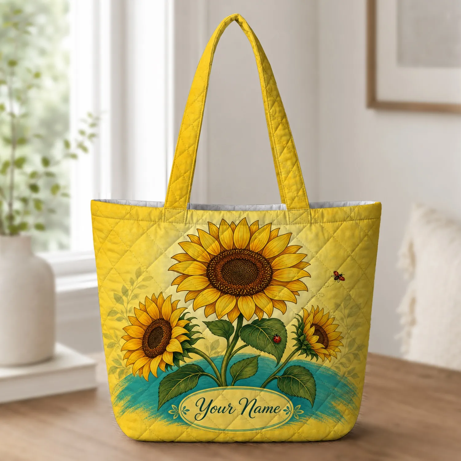 Sunflower Ladybug Botanical Carryall For Summer Travel, Market Days And Garden Lovers Quilted Tote Bag - 1