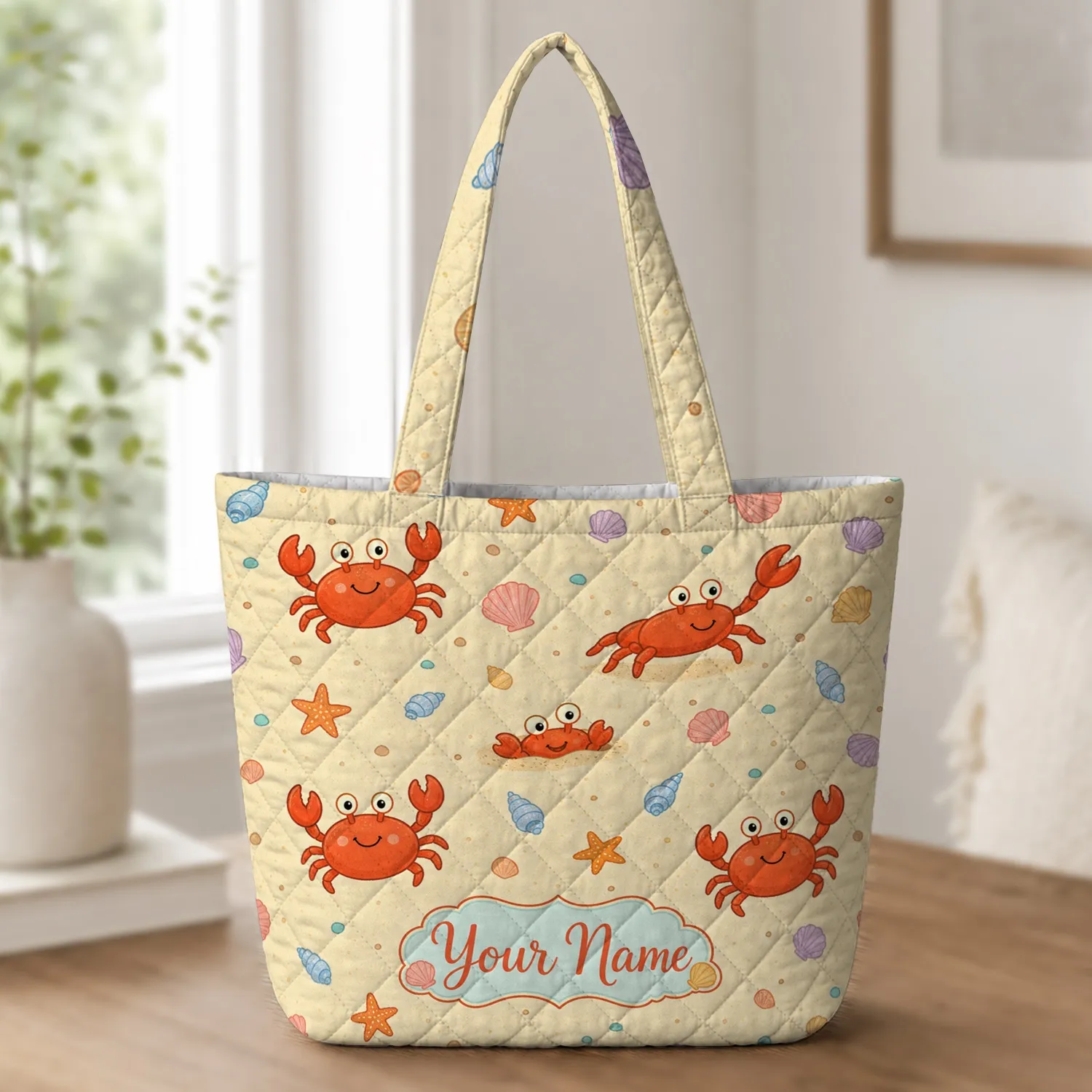 Cute Red Crab Beach Shell Travel Essential For Coastal Vacations And Everyday Carry Quilted Tote Bag - 1