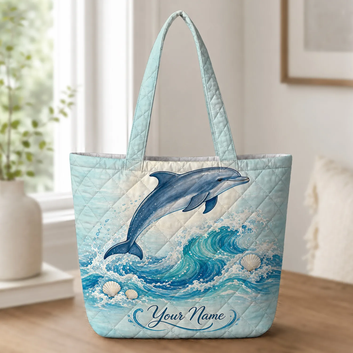 Leaping Dolphin Over Turquoise Waves Beach Travel Gift For Ocean And Coastal Lovers Quilted Tote Bag - 1