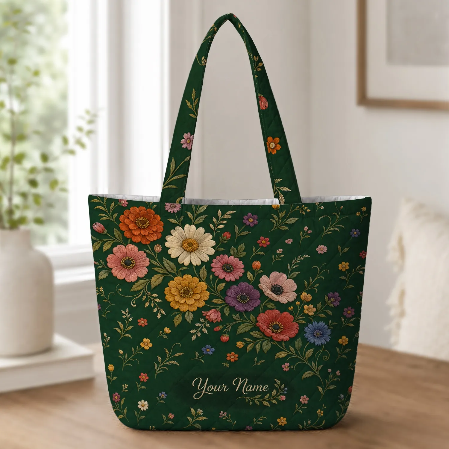 Autumn Wildflower Meadow Embroidered Style Everyday Gift For Nature Garden Lovers Quilted Tote Bag - 1