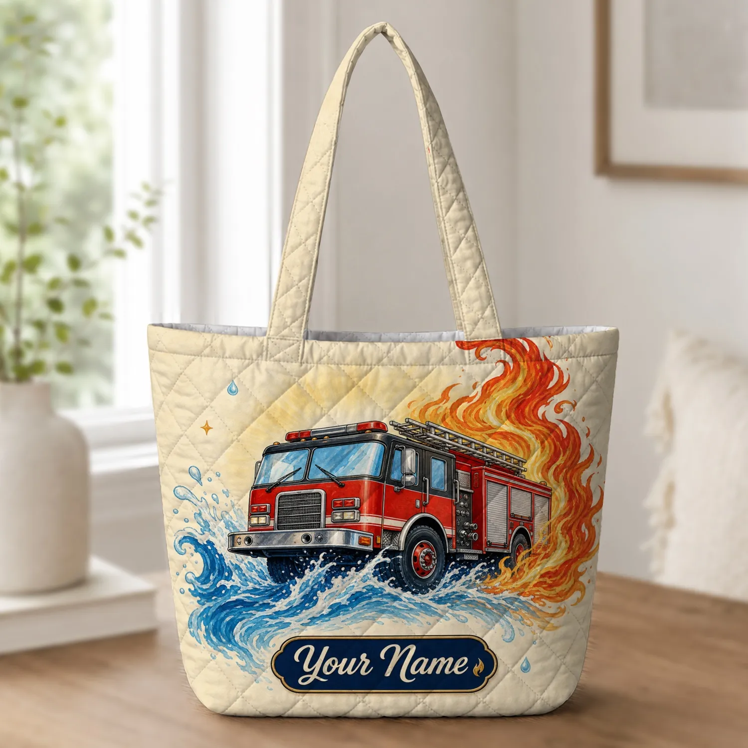 Vintage Fire Engine With Flames And Water Splash Road Trip Gift For Firefighters Quilted Tote Bag - 1