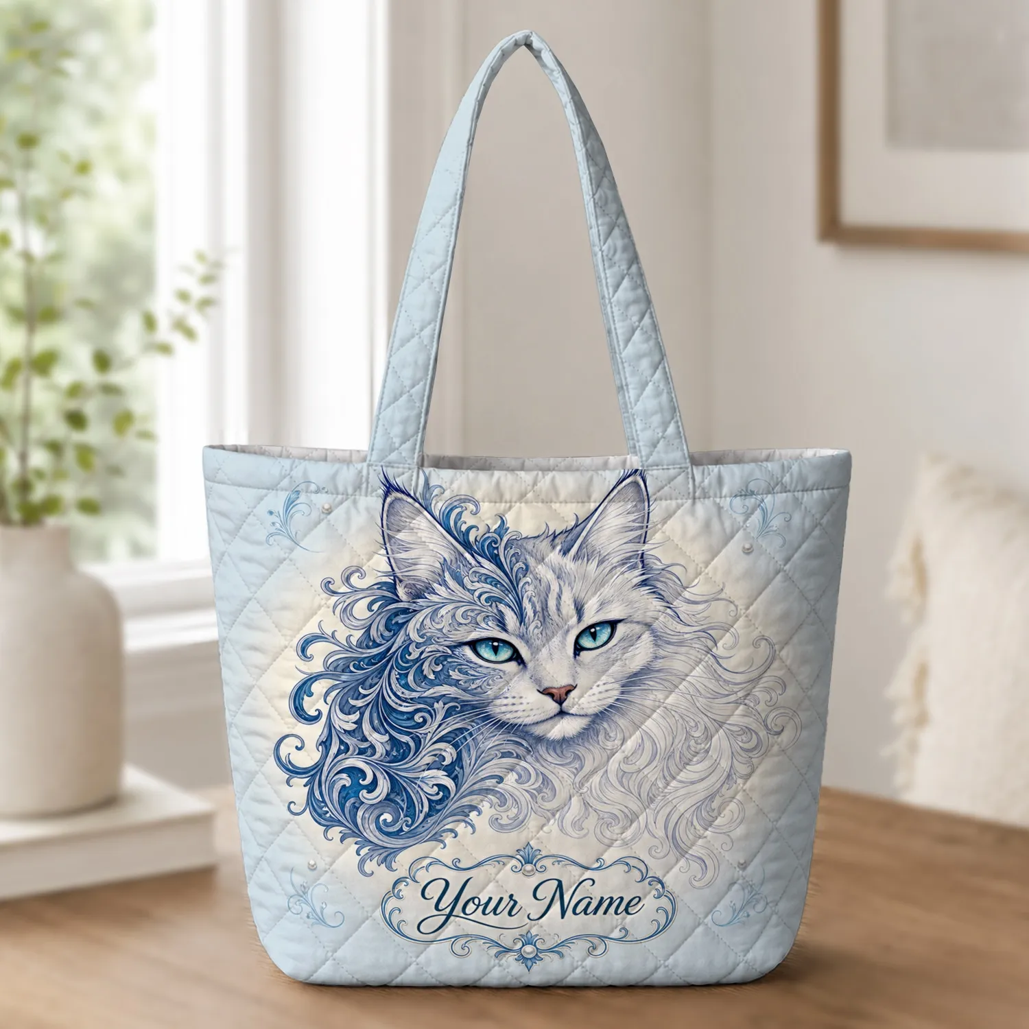 Silver White Cat With Blue Filigree Gift for Cat Lovers Travel and Everyday Style Quilted Tote Bag - 1