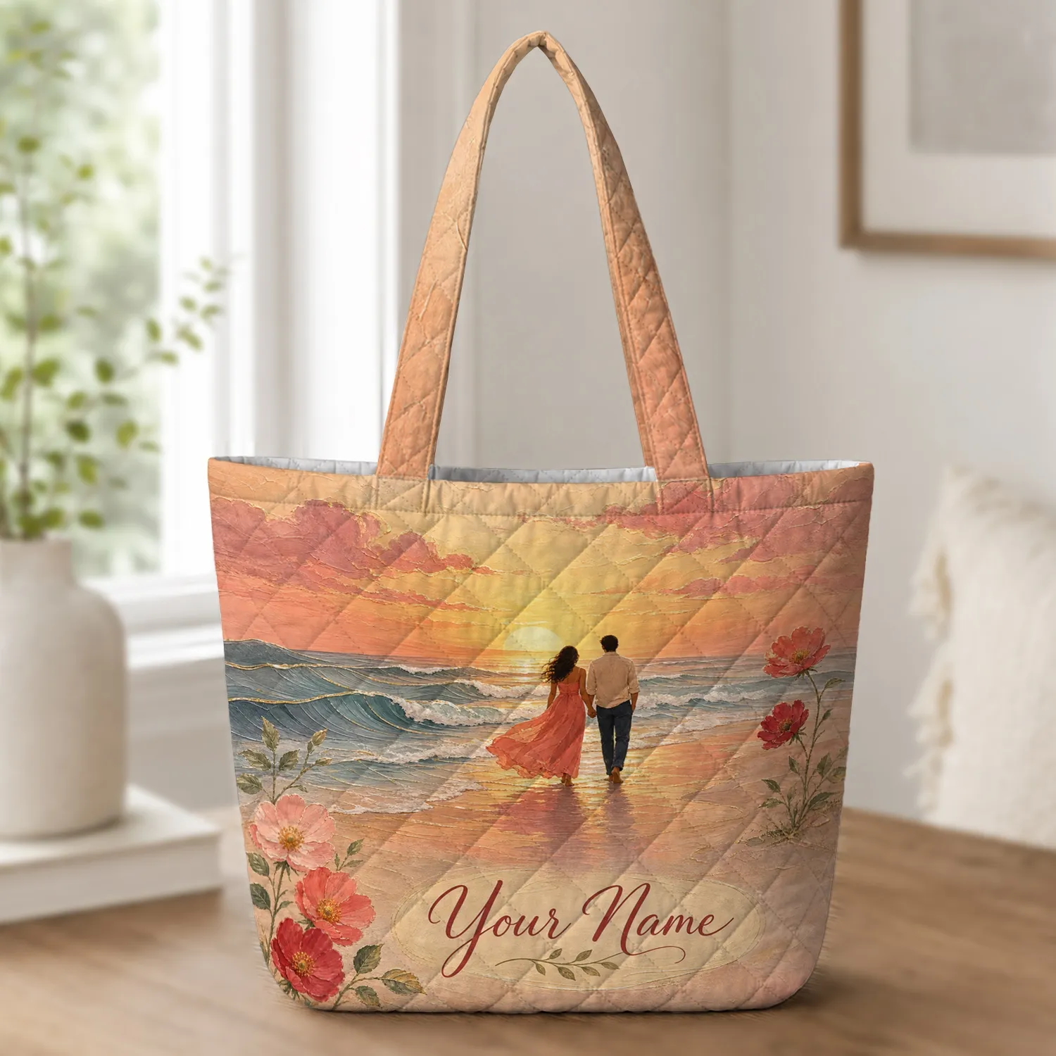 Romantic Beach Sunset Couple Gift For Honeymoon Getaways And Coastal Date Nights Quilted Tote Bag - 1