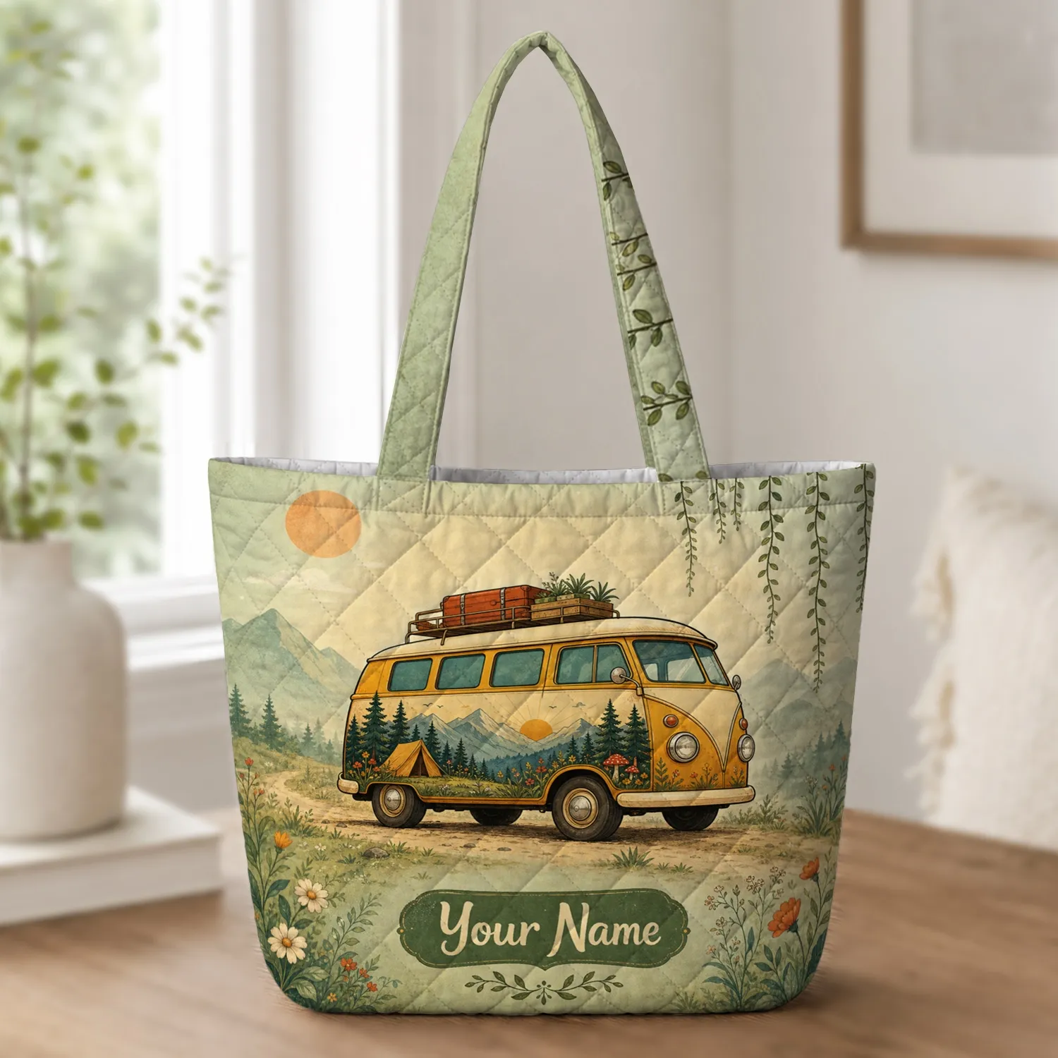 Vintage Camper Van Mountain Adventure Travel Gift For Campers And Road Trip Lovers Quilted Tote Bag - 1