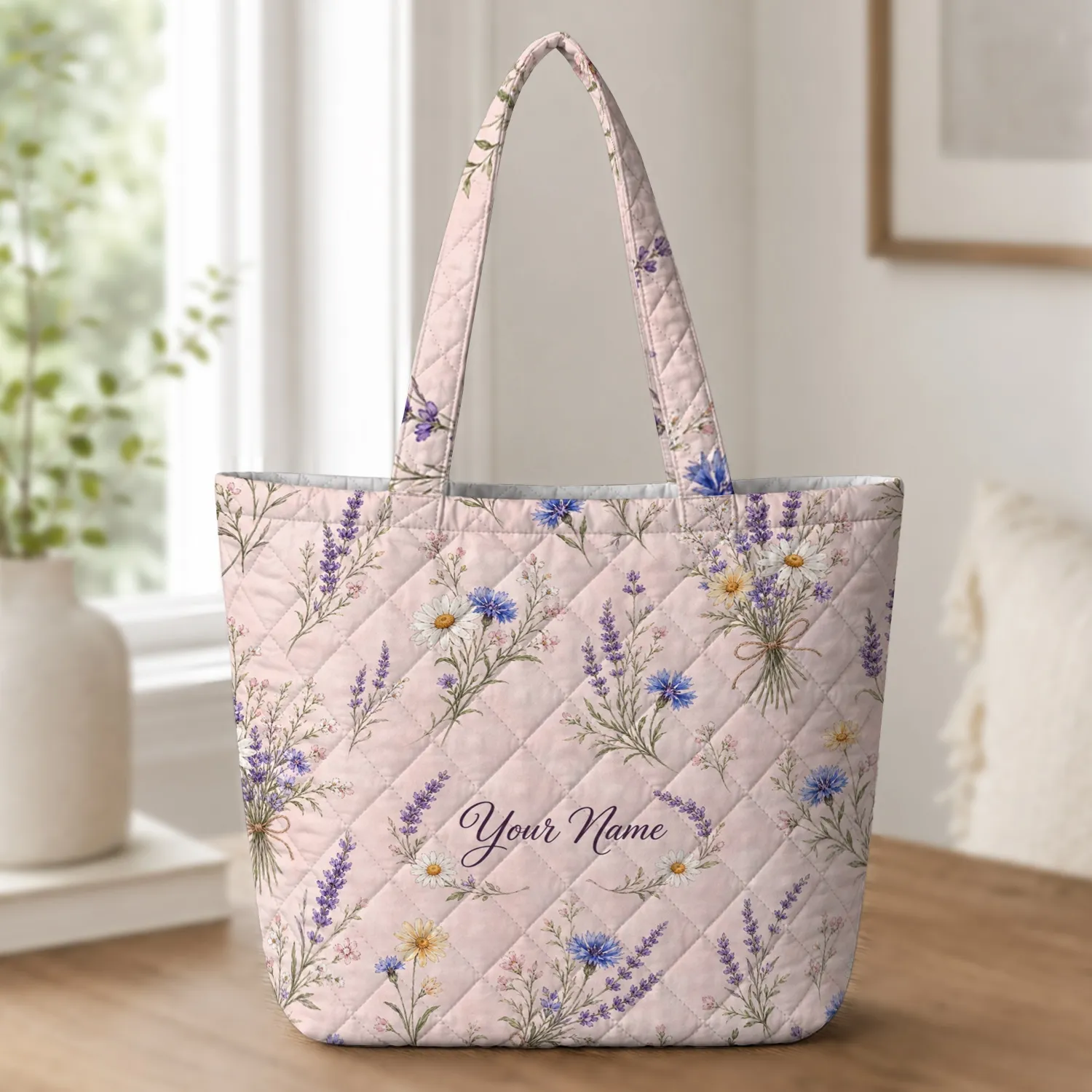 Blush Pink Lavender Wildflower Meadow For Everyday Travel And Cottagecore Gift Giving Quilted Tote Bag - 1