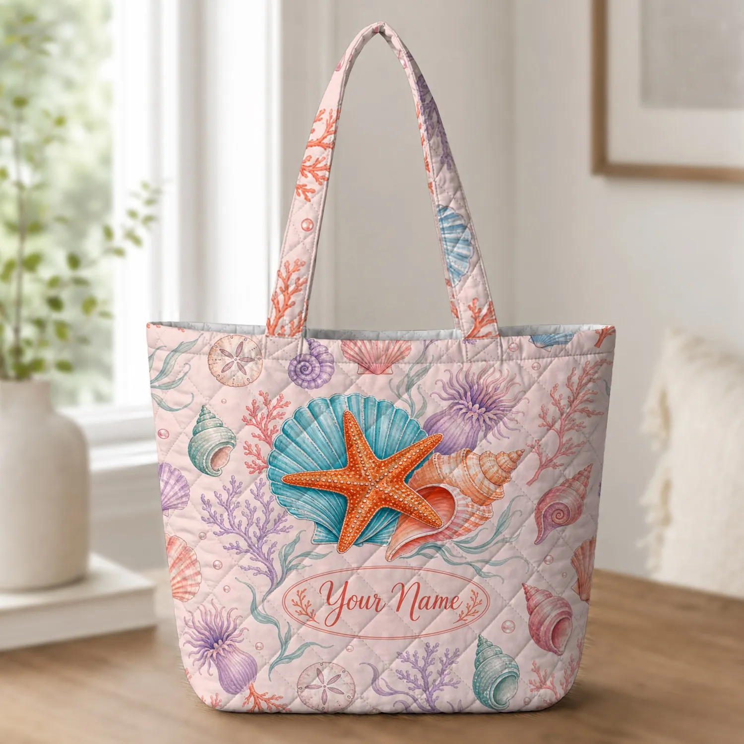 Hand Painted Ocean Shells And Sea Stars For Beach Trips And Coastal Gift Giving Lovers Quilted Tote Bag - 1