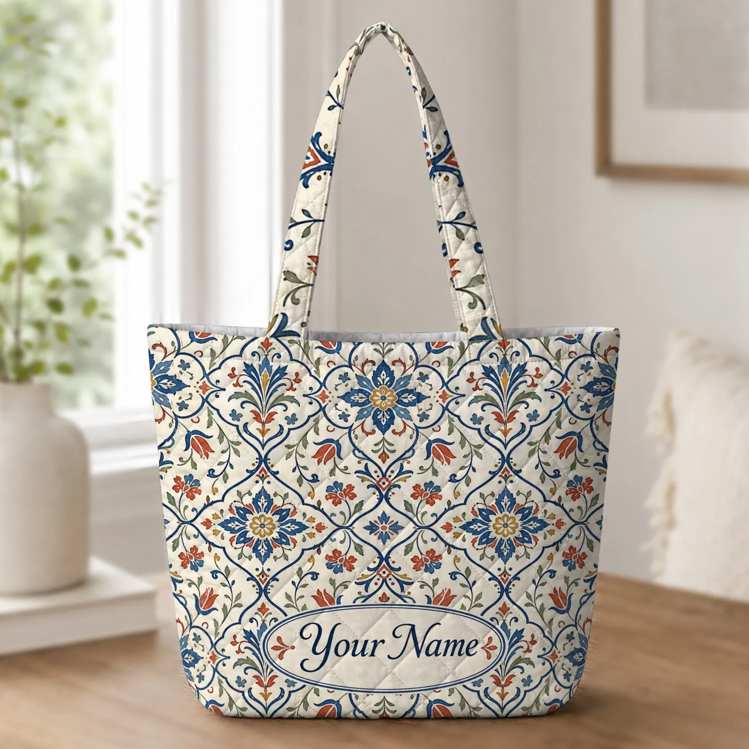 Indigo Floral Tile Motifs For Travel, Beach Days, Markets And Everyday Boho Style Quilted Tote Bag - 1