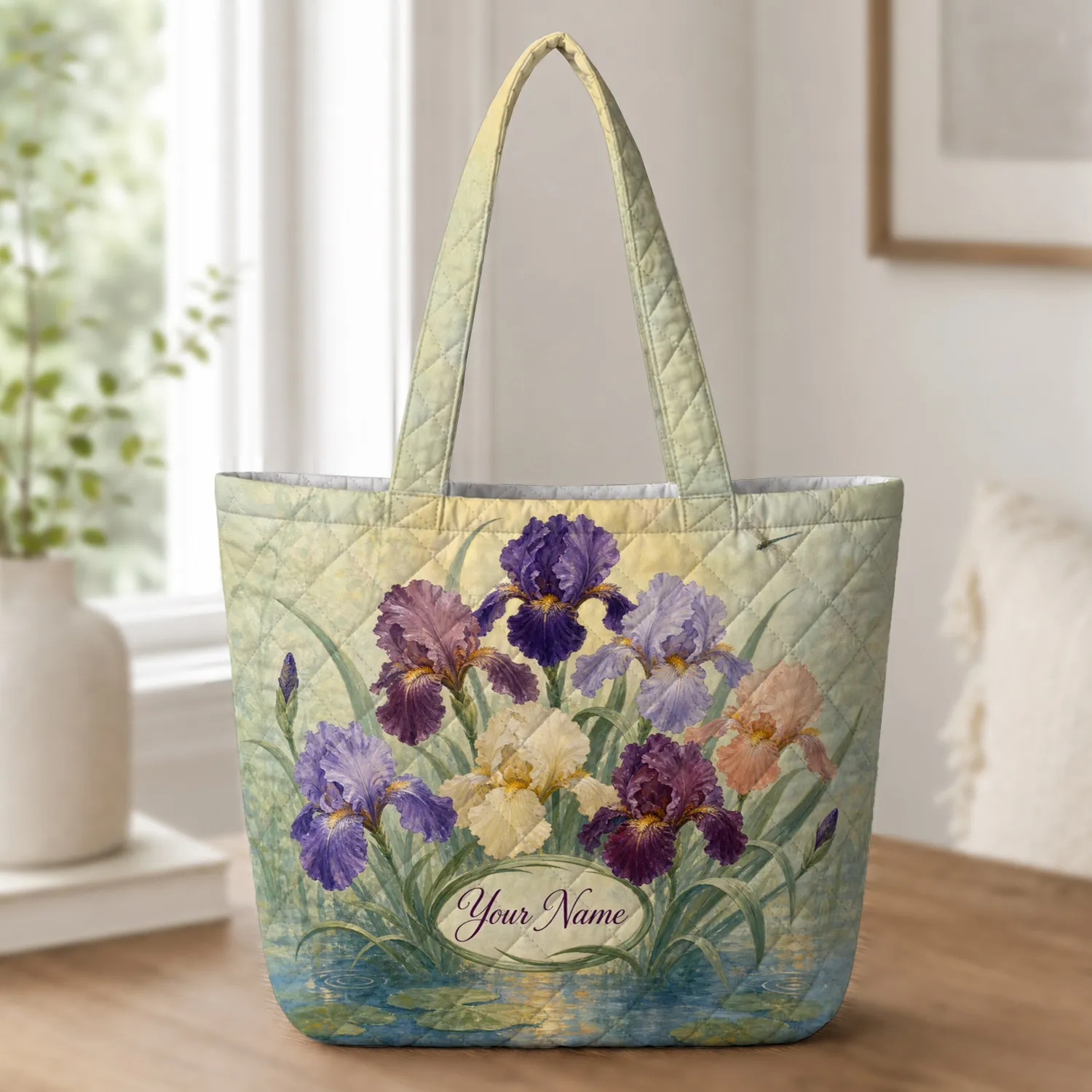 Watercolor Iris Garden With Name Medallion For Mother's Day Gifts And Everyday Carry Quilted Tote Bag - 1