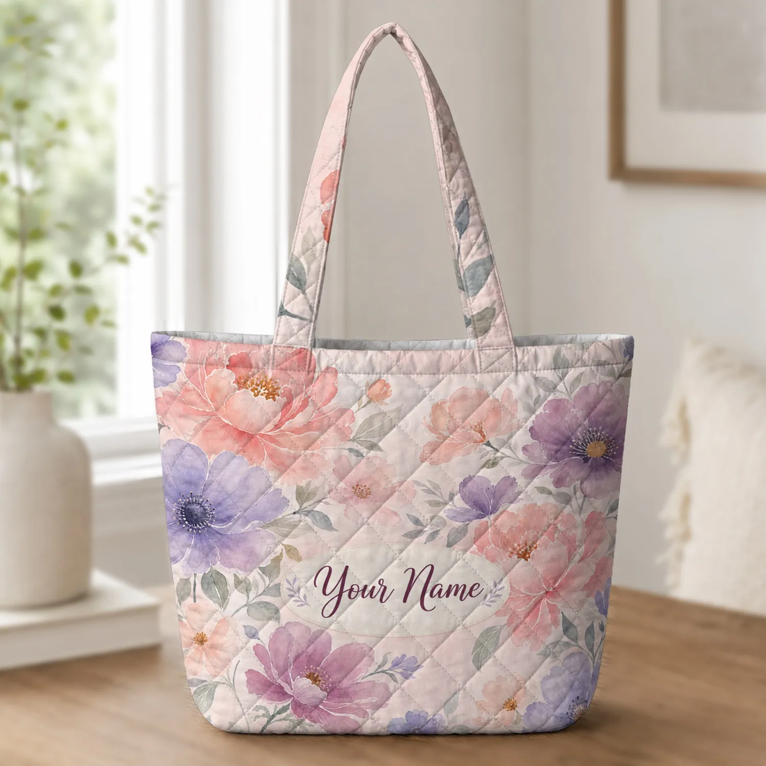 Watercolor Peony And Anemone Florals For Everyday Travel, Shopping And Garden Lovers Quilted Tote Bag - 1