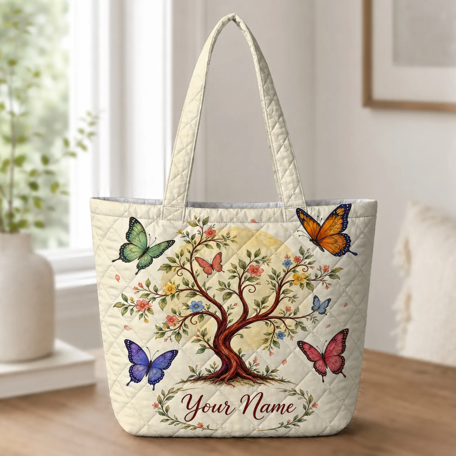 Butterfly Botanical Tree For Everyday Carry, Travel And Thoughtful Gifts For Her Quilted Tote Bag - 1