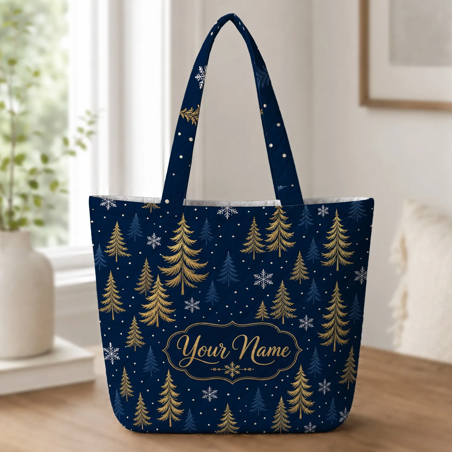 Midnight Navy Gold Pine Trees and Snowflakes for Winter Travel and Holiday Gift Giving Quilted Tote Bag - 1