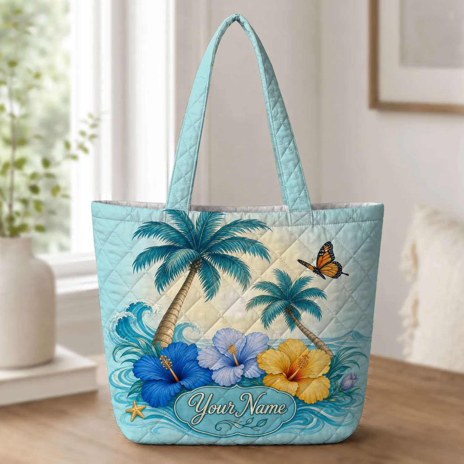 Tropical Palm Hibiscus Butterfly Coastal Style For Beach Travel And Everyday Carry Quilted Tote Bag - 1
