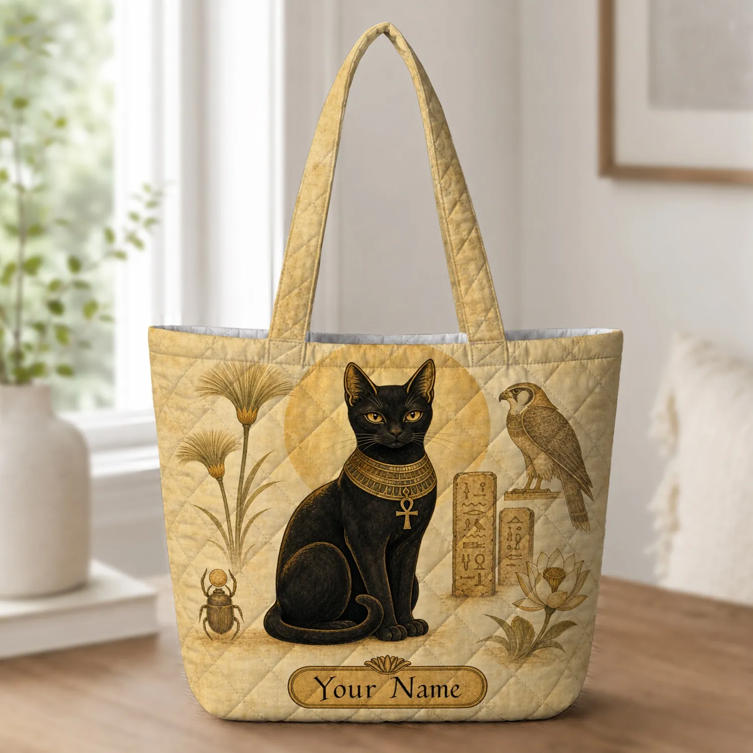 Vintage Egyptian Black Cat With Name Cartouche Gift For Cat Lovers And Travel Lovers Quilted Tote Bag - 1