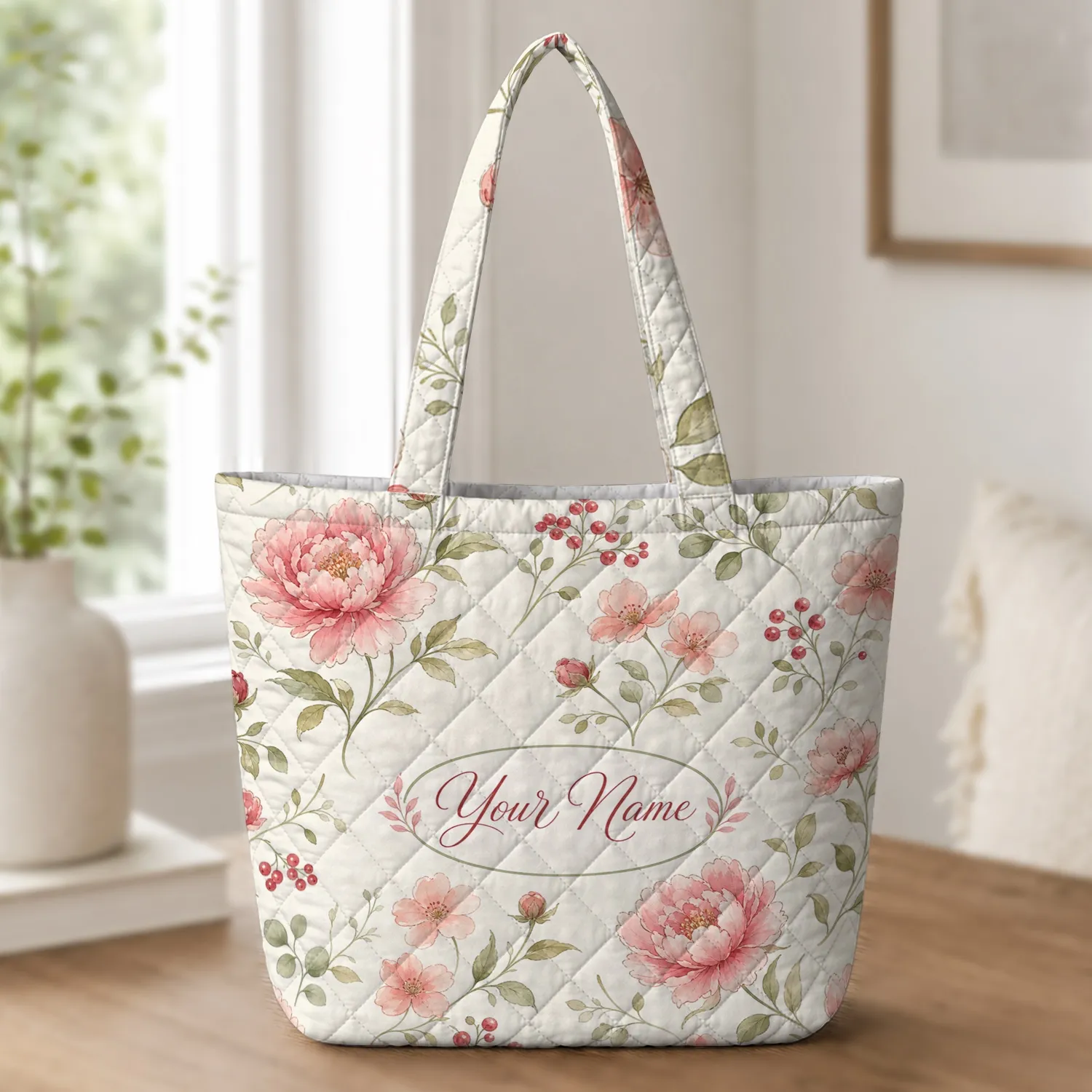 Watercolor Peonies Wildflowers And Berries For Spring Travel And Everyday Outings Quilted Tote Bag - 1