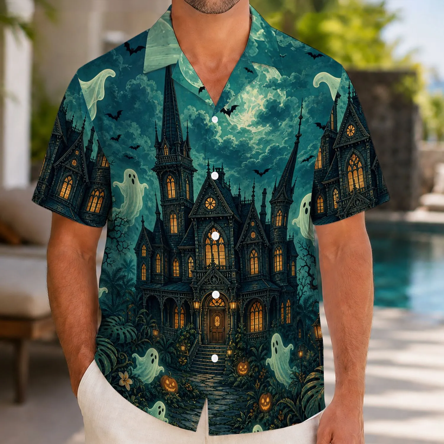 Victorian Haunted Manor And Friendly Ghosts For Halloween Luau Nights And Parties Hawaiian Shirt - 1