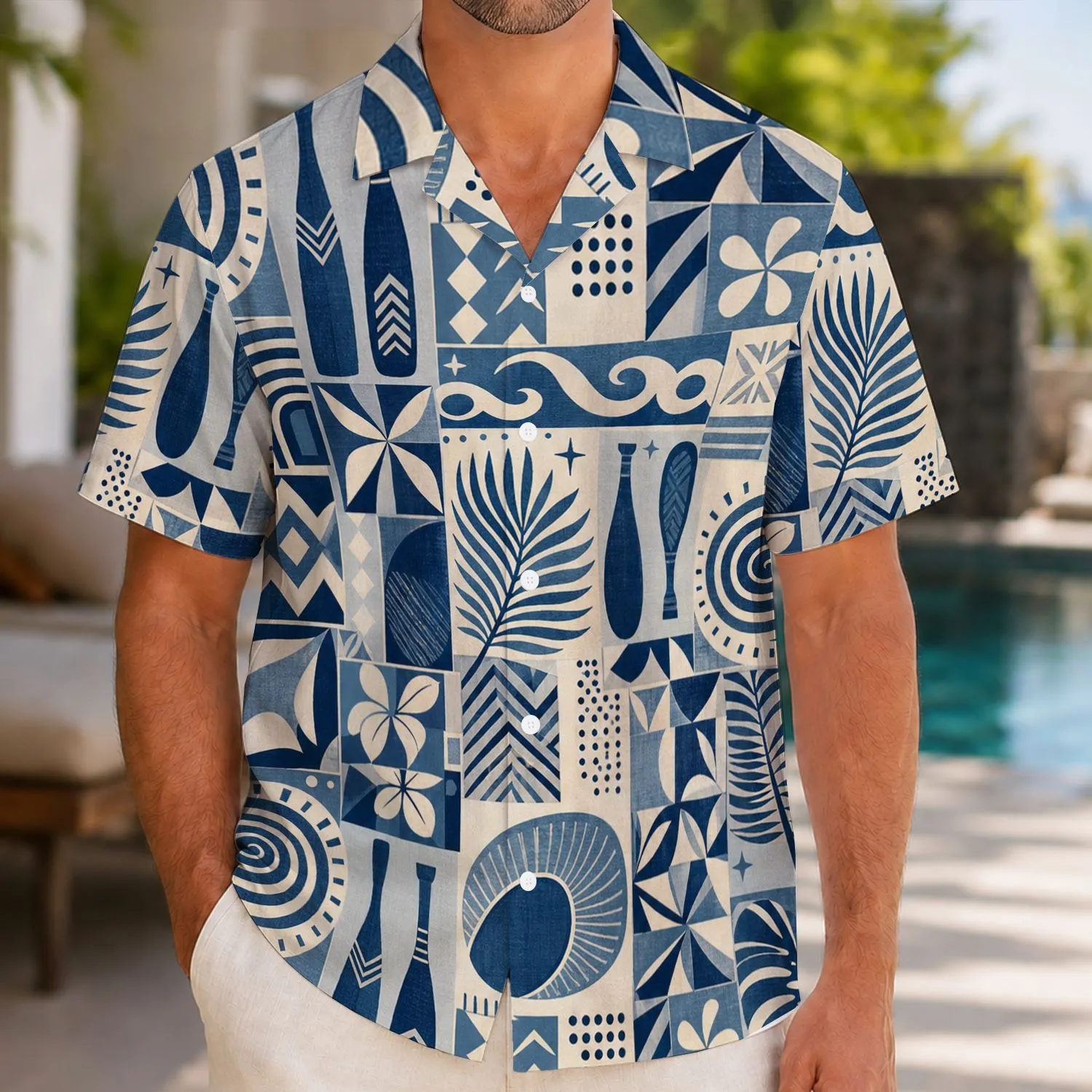 Indigo Geometric Mosaic With Moon And Wave Motifs For Resort Travel And Beach Days Hawaiian Shirt - 1