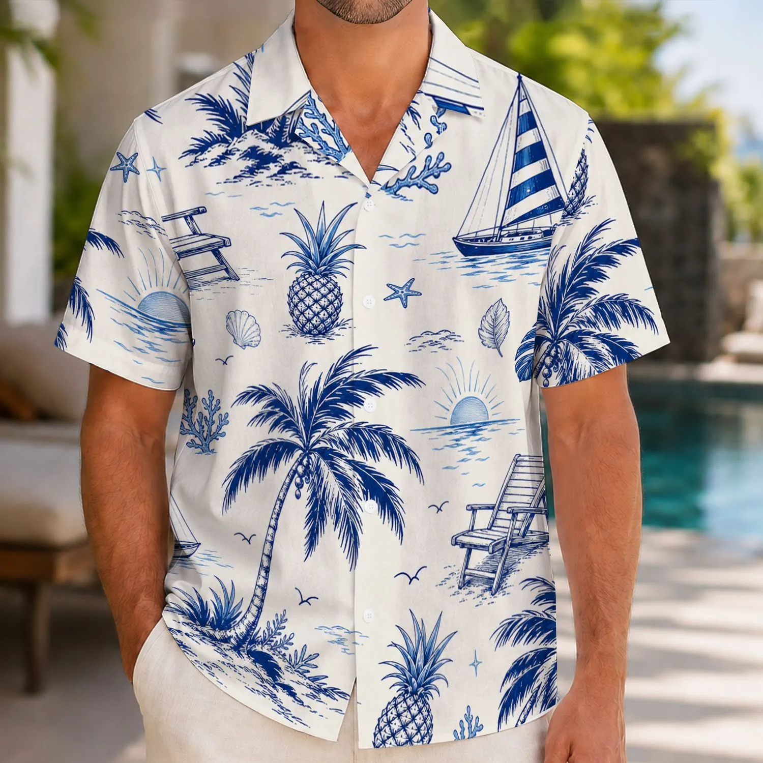 Blue Palm Sailboat Starfish Tropical Nautical Motifs For Beach Vacation Travel Escapes Hawaiian Shirt - 1