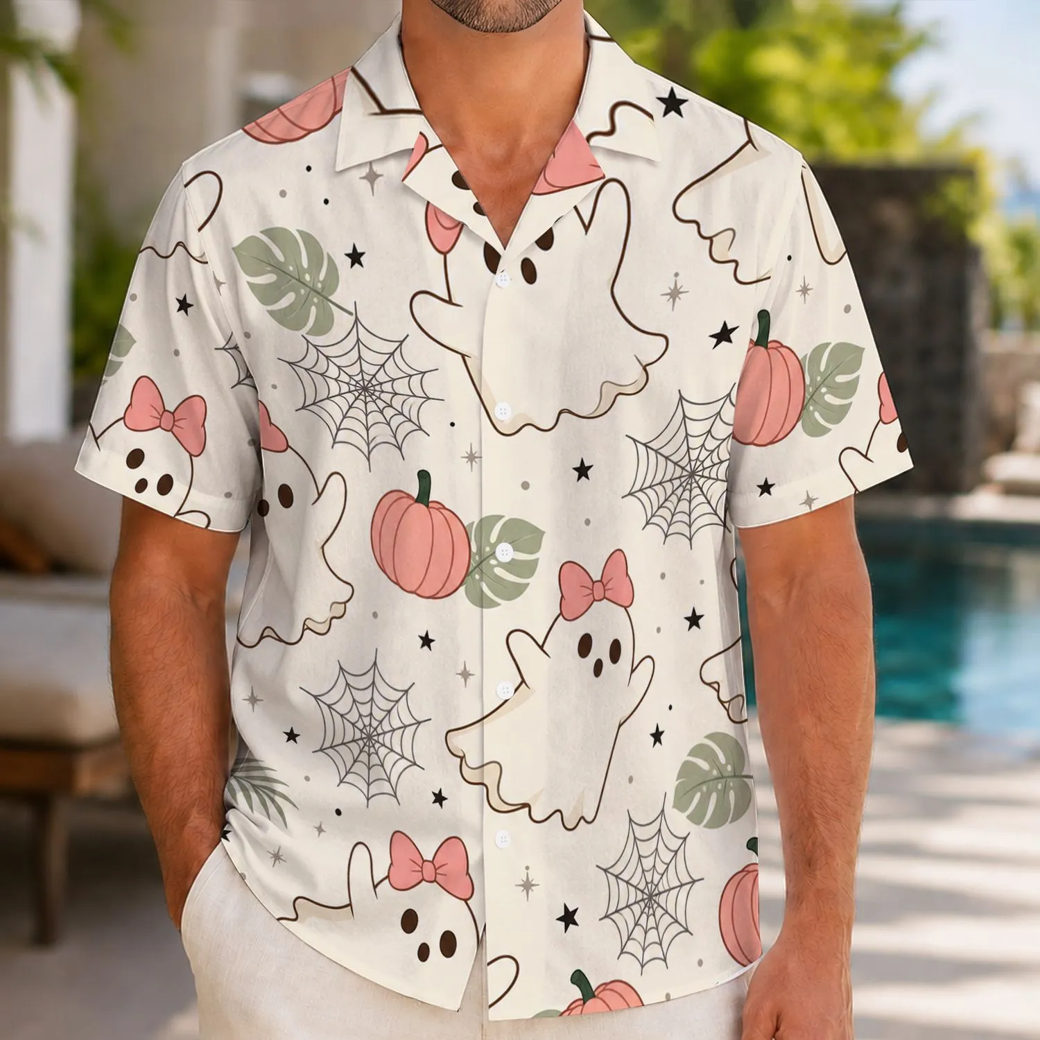 Cute Pink Bow Ghosts And Pumpkins For Halloween Beach Vacations And Fall Parties Hawaiian Shirt - 1