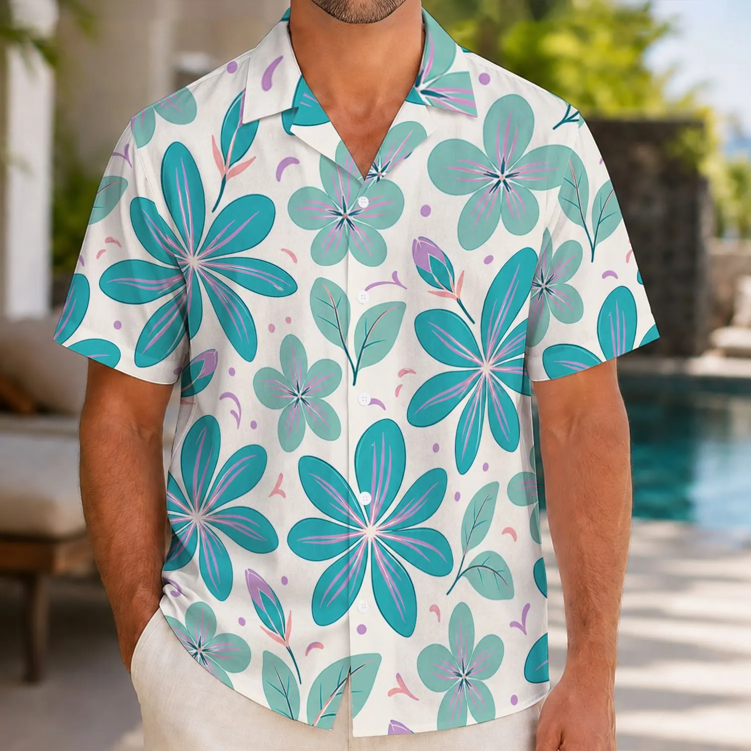 Teal Plumeria And Lavender Botanical Florals For Beach Vacations And Resort Wear Hawaiian Shirt - 1