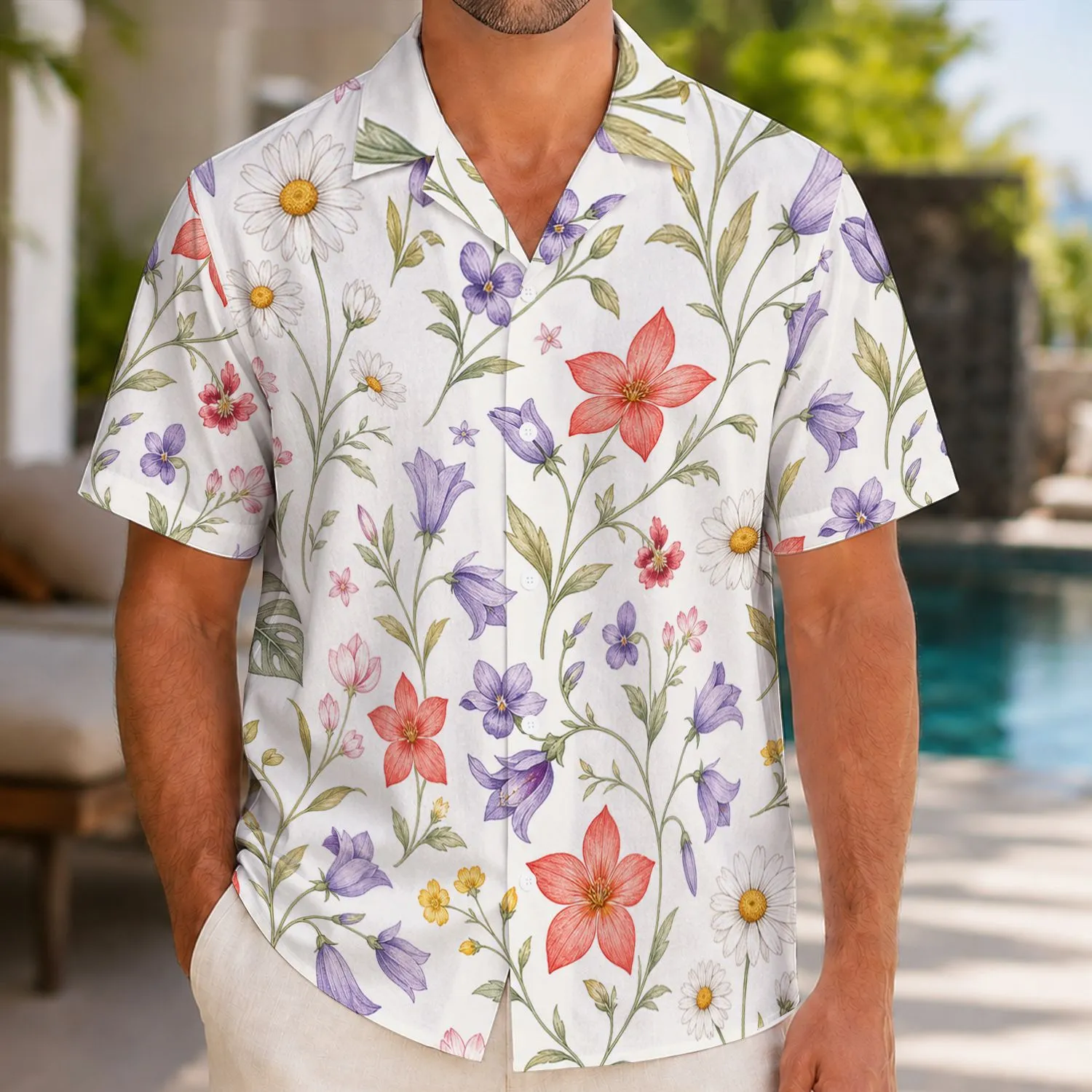 Coral And Lavender Wildflower Meadow Botanicals For Resort Vacations And Summer Travel Hawaiian Shirt - 1