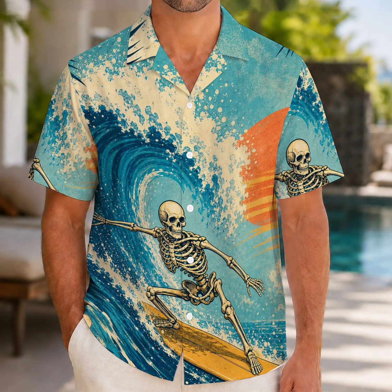 Retro Skeleton Surfer Riding Ocean Wave For Beach Vacation Coastal Style Men Summer Hawaiian Shirt - 1
