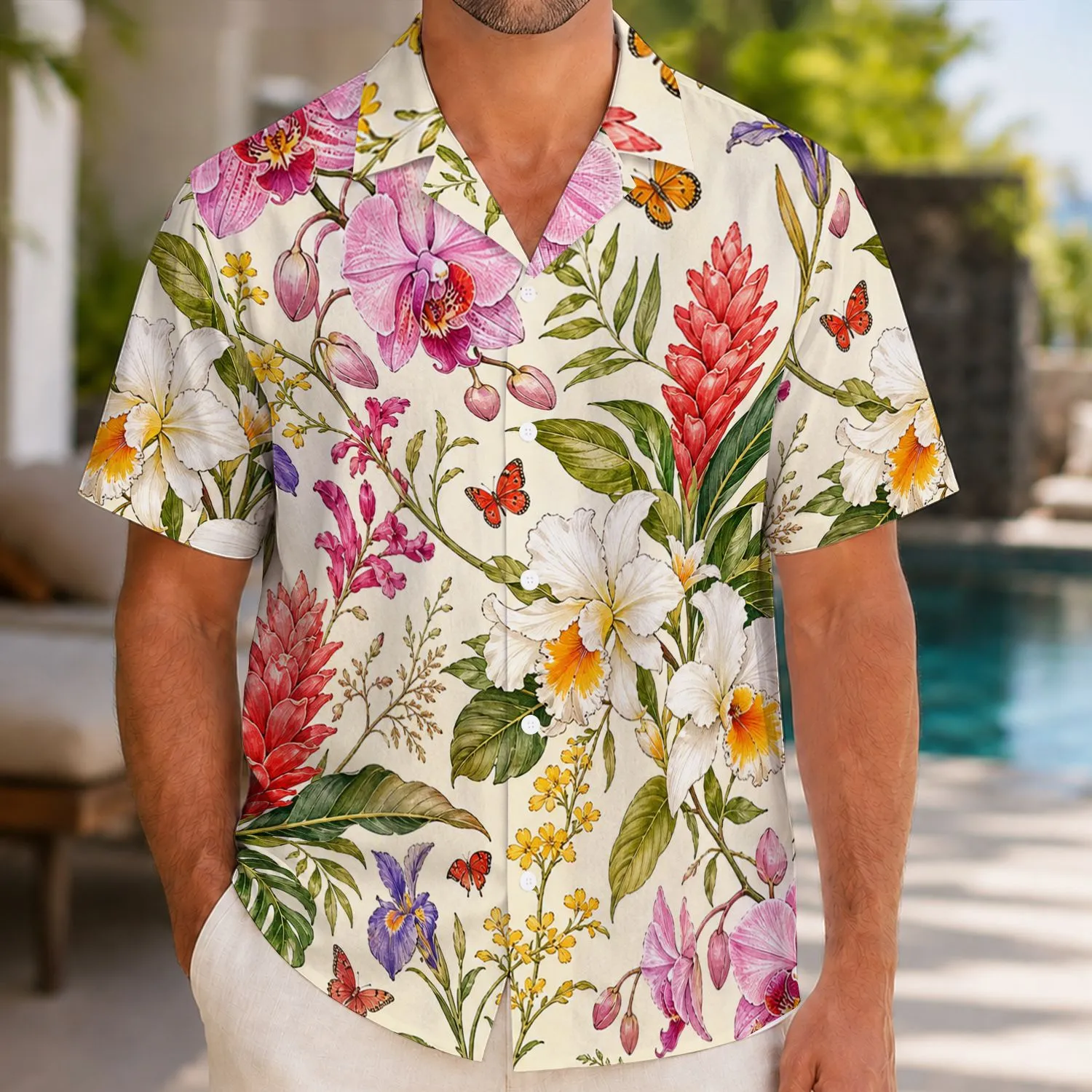Tropical Orchid Ginger Flowers And Butterflies For Resort Vacation Travel Style Men Hawaiian Shirt - 1