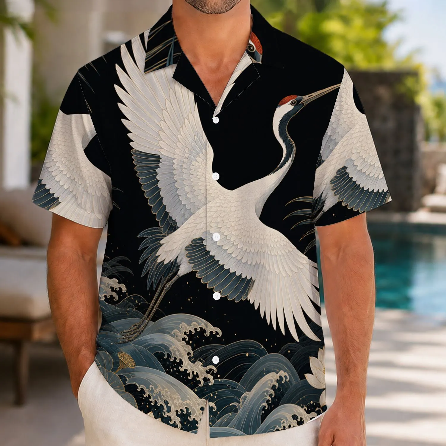 White Crane Ocean Waves And Lotus Flowers For Tropical Night Resort Getaways Men Hawaiian Shirt - 1