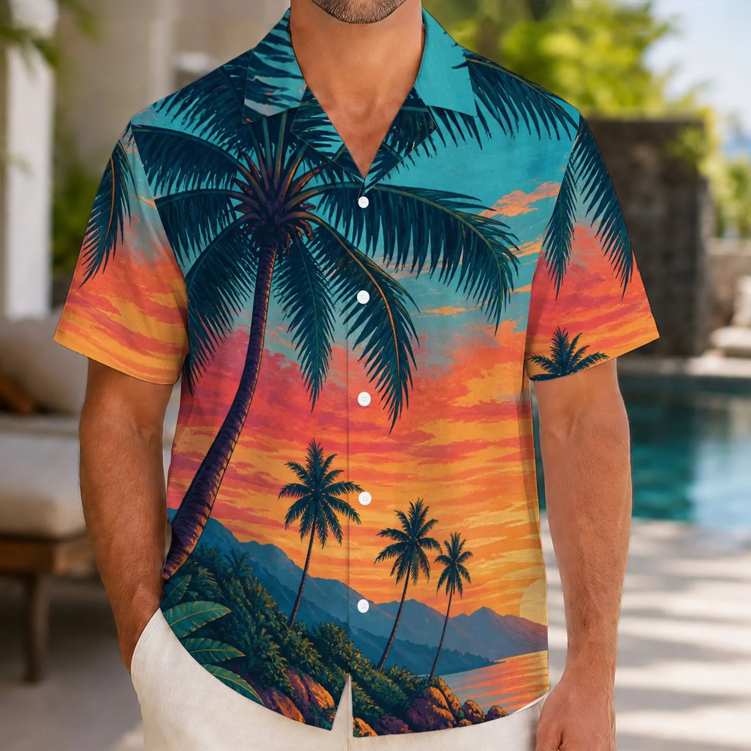 Tropical Sunset Palm Lagoon Coastal Scene For Resort Vacations And Beach Travel Wear Hawaiian Shirt - 1
