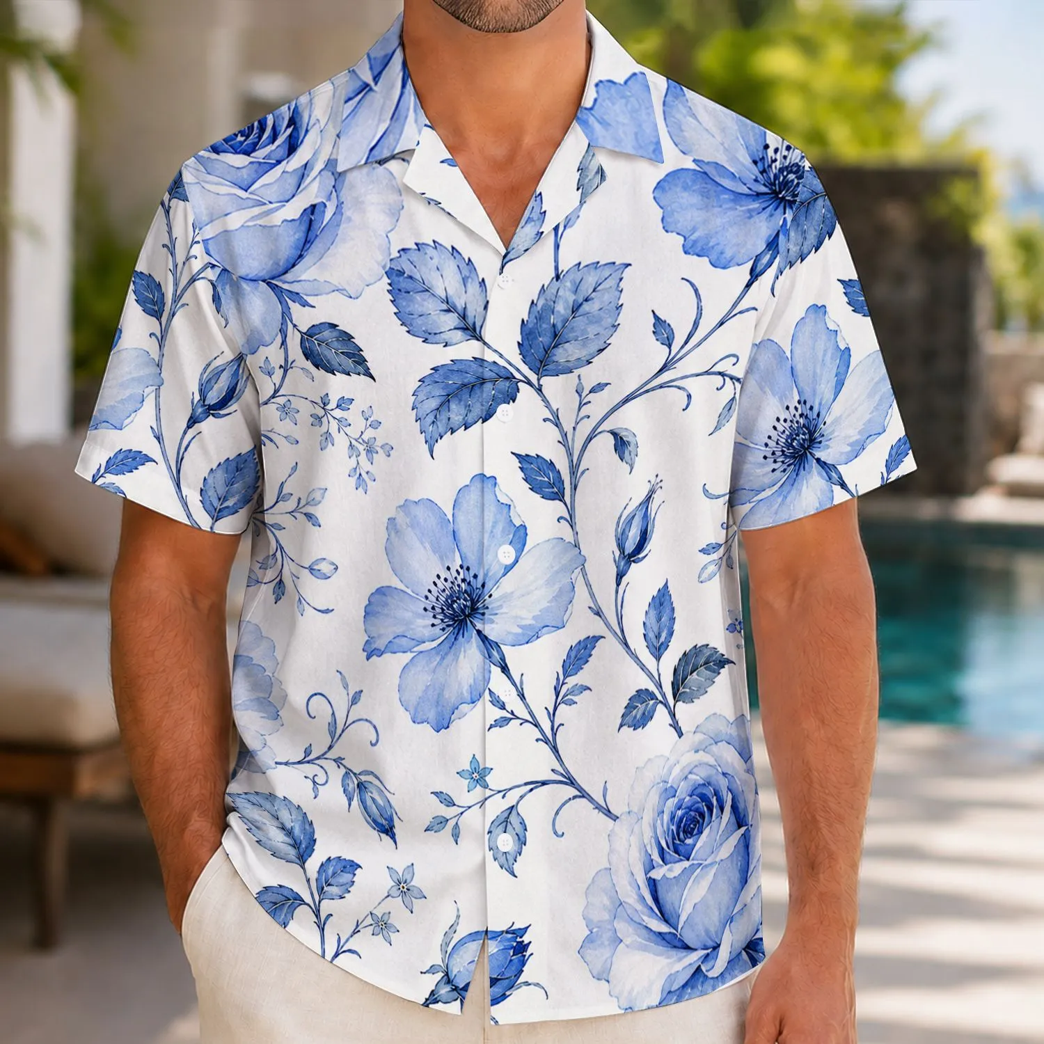 Blue Watercolor Rose Vines For Coastal Vacations, Garden Parties, And Resort Wear Hawaiian Shirt - 1