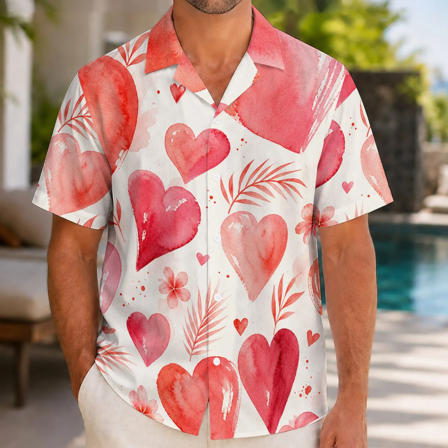 Watercolor Hearts With Tropical Florals For Romantic Resort Dates And Valentine Style Hawaiian Shirt - 1