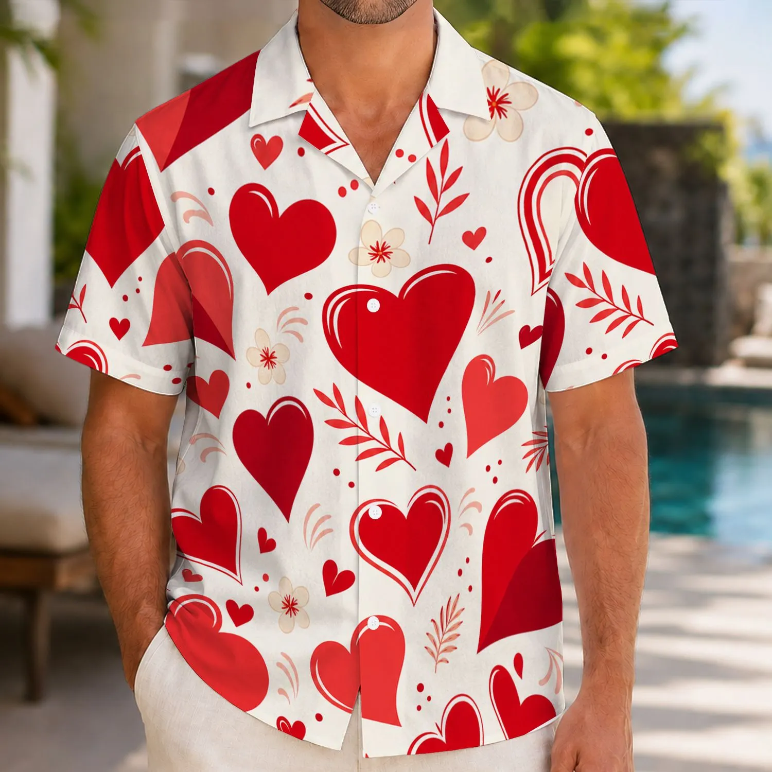 Red Heart And Plumeria Tropical Romance For Beach Dates And Valentine Island Getaways Hawaiian Shirt - 1
