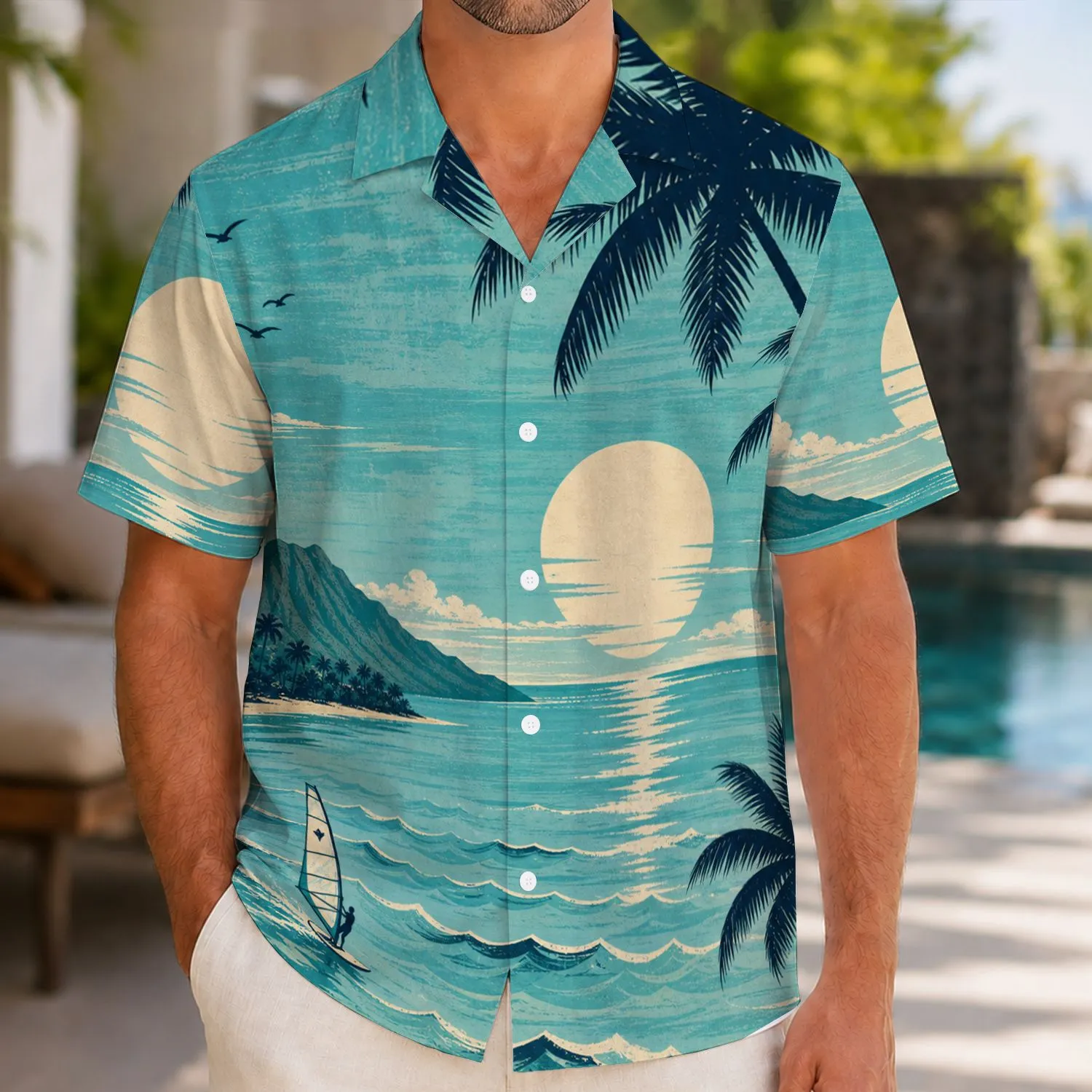 Vintage Tropical Sunset Palms And Windsurfer For Beach Vacations And Resort Wear Hawaiian Shirt - 1