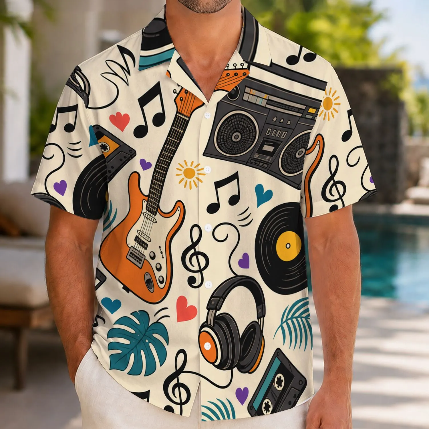 Retro Vinyl Records Guitar And Boombox For Beach Parties And Summer Music Lovers Hawaiian Shirt - 1