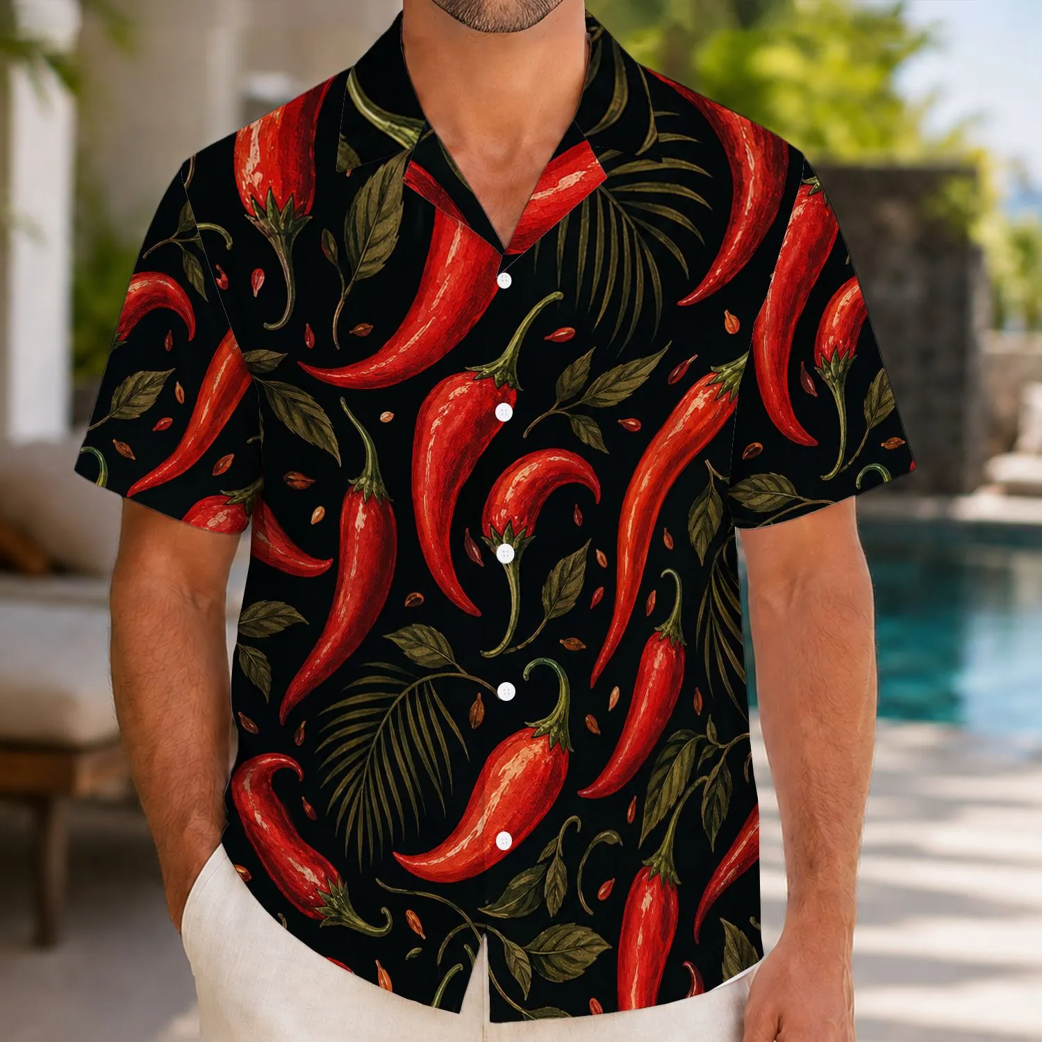 Red Chili Peppers On Charcoal Black For Resort Vacations, Pool Days And Summer Beachwear Hawaiian Shirt - 1