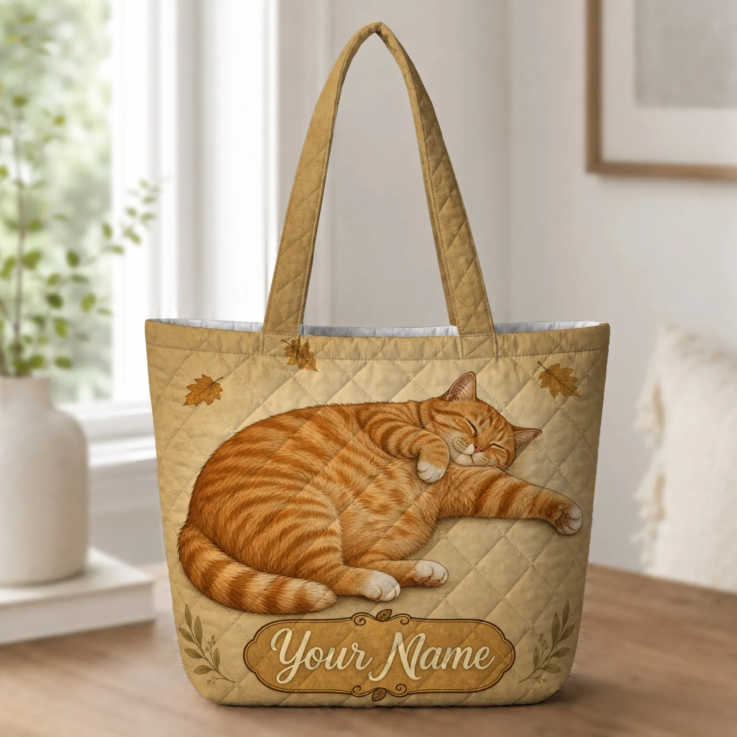 Sleeping Orange Tabby Cat Autumn Gift for Cat Lovers Cozy Fall Halloween Home Decor Quilted Tote Bag - 1