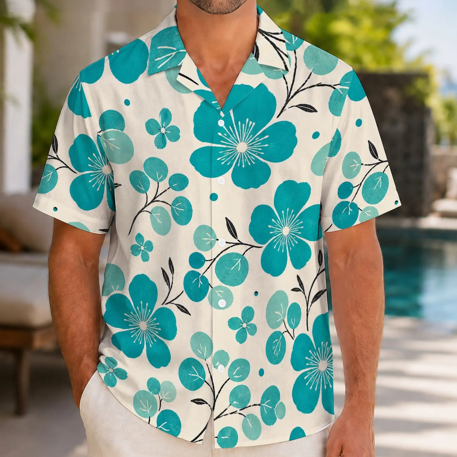 Teal Island Floral Botanical Aloha Style For Beach Vacations And Resort Travel Men Hawaiian Shirt - 1