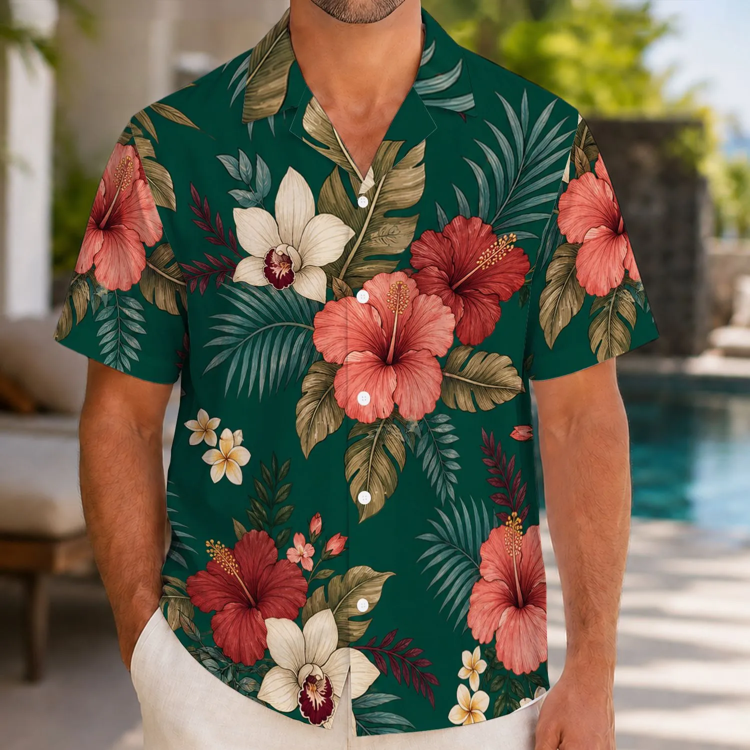 Coral Hibiscus And Jade Palm Botanical Motifs For Resort Travel And Beach Getaways Hawaiian Shirt - 1