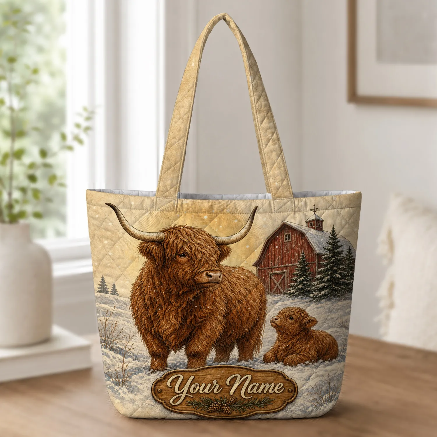 Highland Cow Winter Farm Scene For Cozy Christmas Gifts And Rustic Country Lovers Quilted Tote Bag - 1