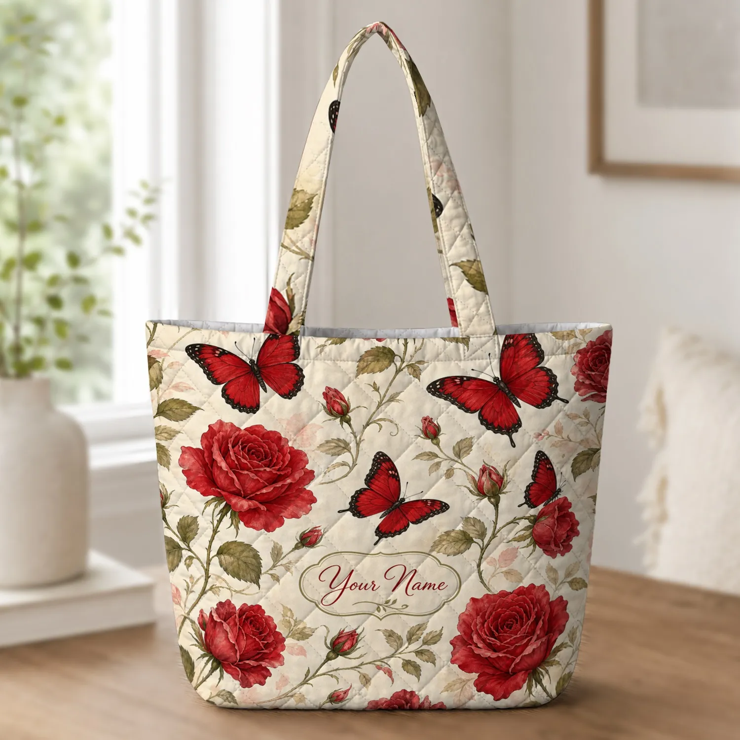 Crimson Red Roses And Butterflies For Everyday Carry, Garden Lovers And Gift Giving Quilted Tote Bag - 1