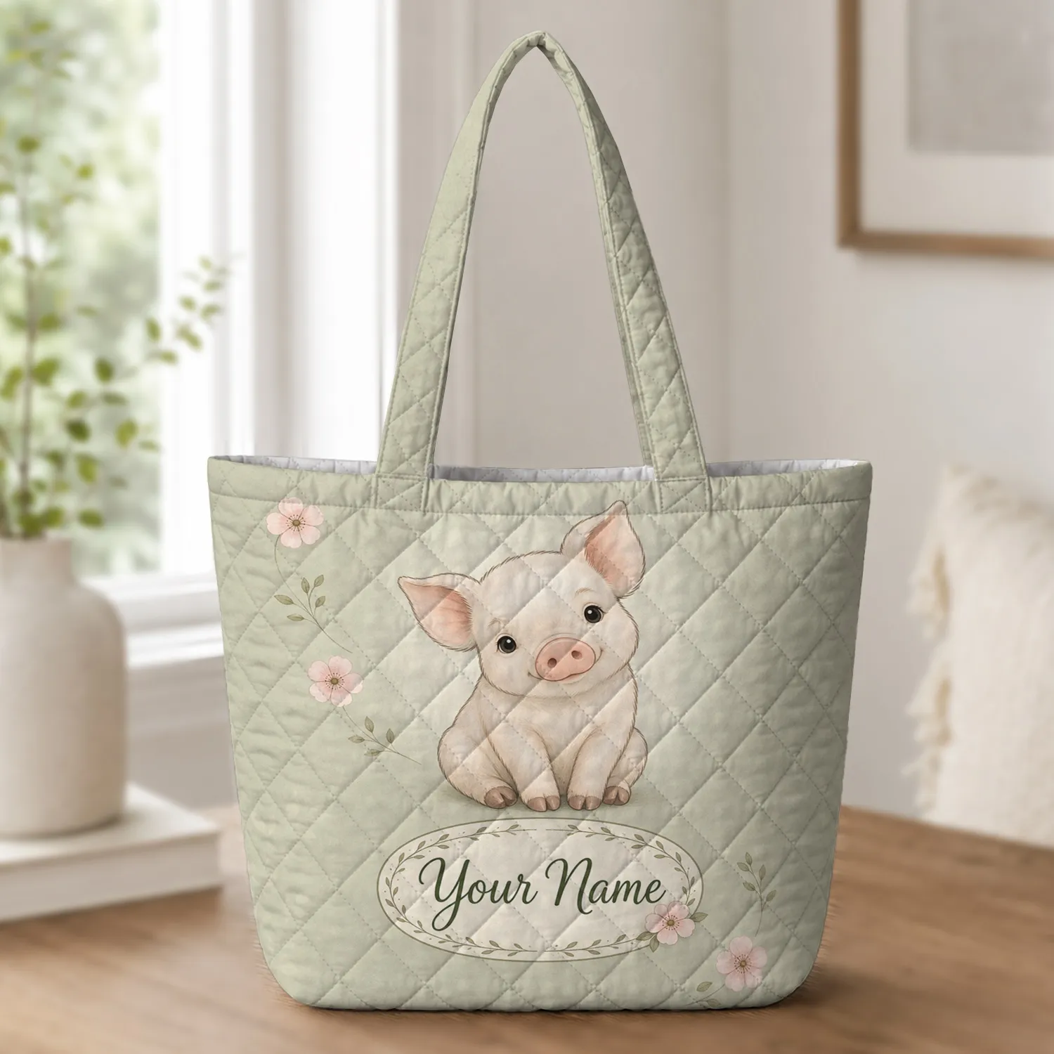 Baby Piglet Pink Wildflower Gift for Farmhouse Lovers Everyday Errands and Market Days Quilted Tote Bag - 1