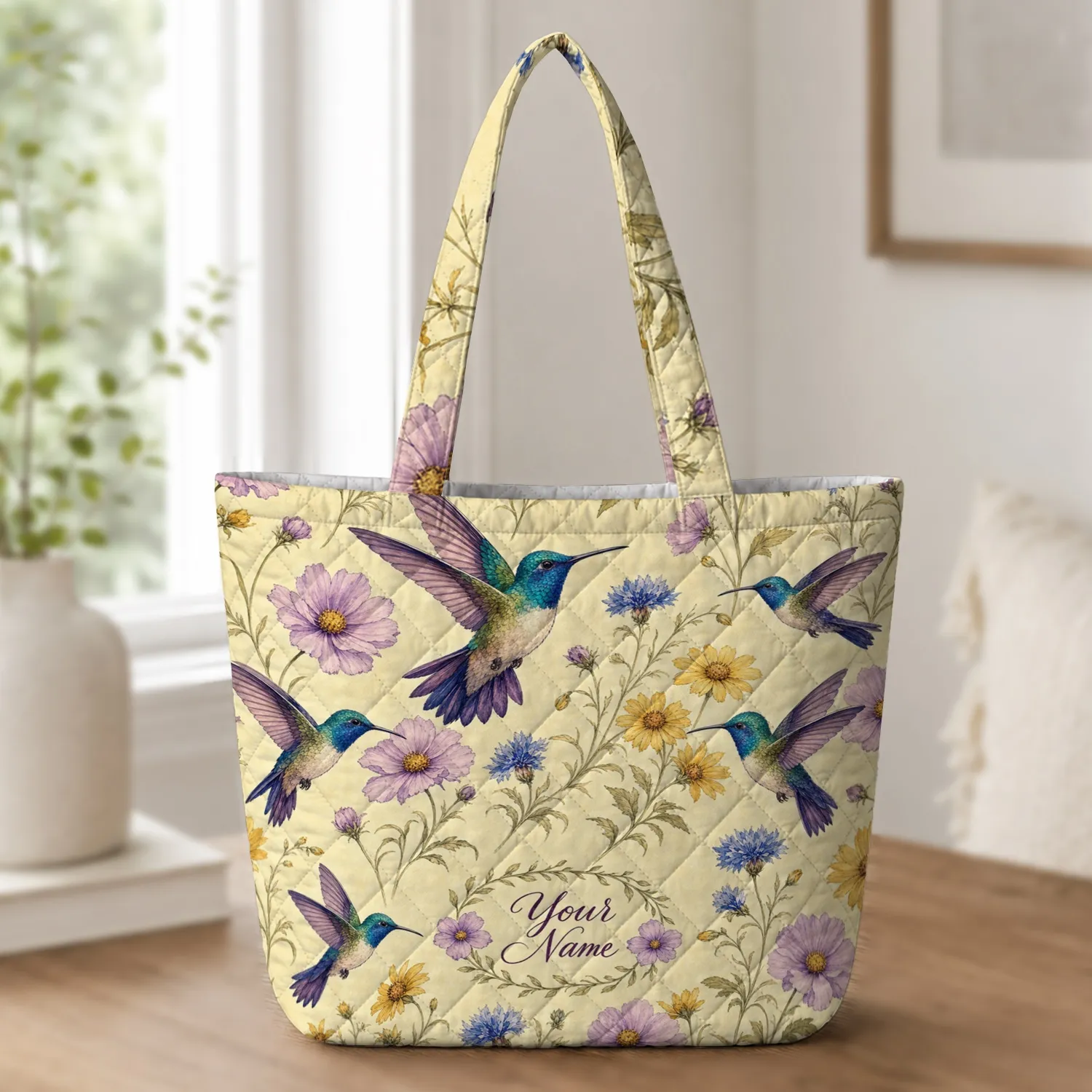 Hummingbird Wildflower Watercolor For Weekend Travel, Shopping And Nature Lovers Quilted Tote Bag - 1
