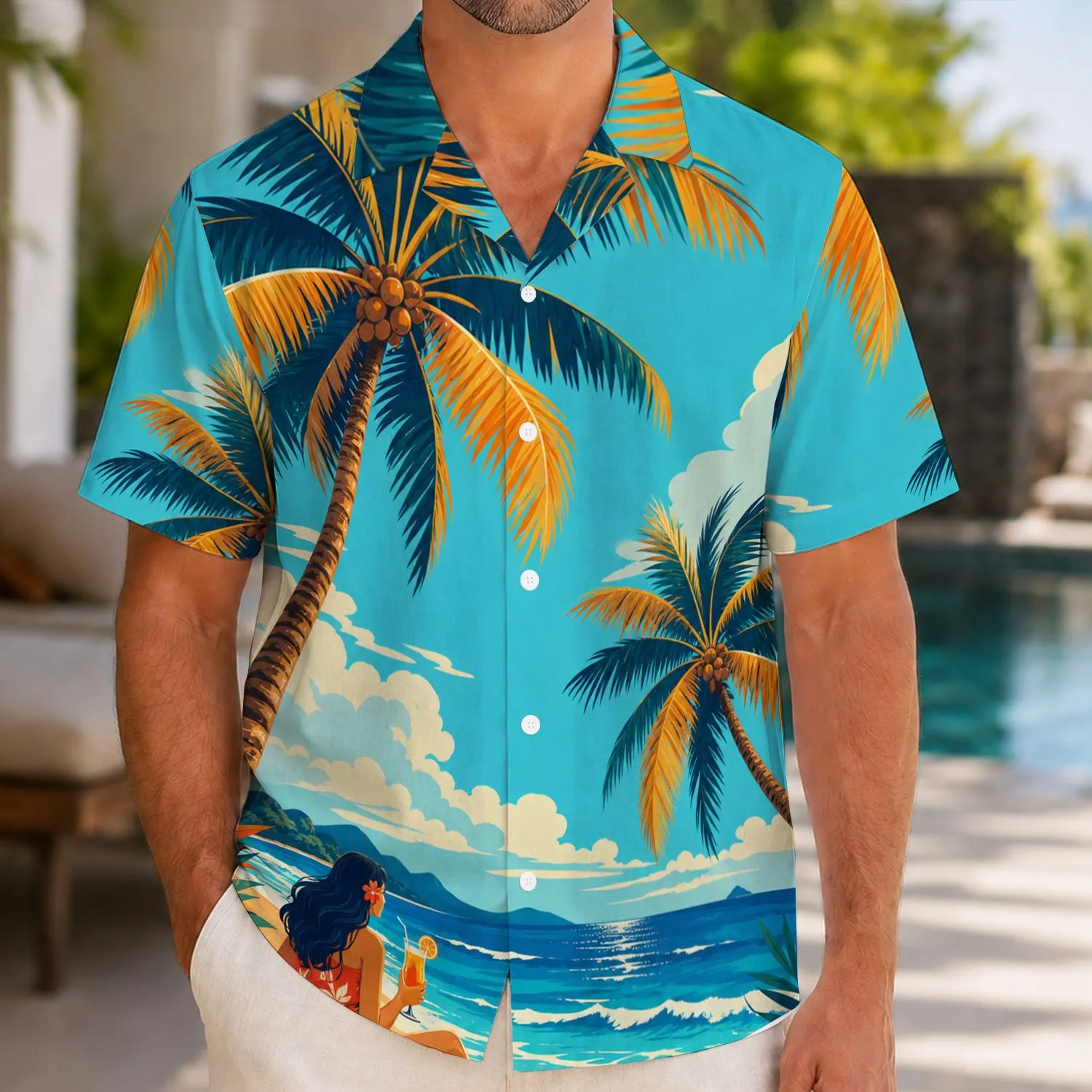 Retro Tropical Palm Beach Scene For Resort Vacations And Coastal Weekend Getaways Hawaiian Shirt - 1