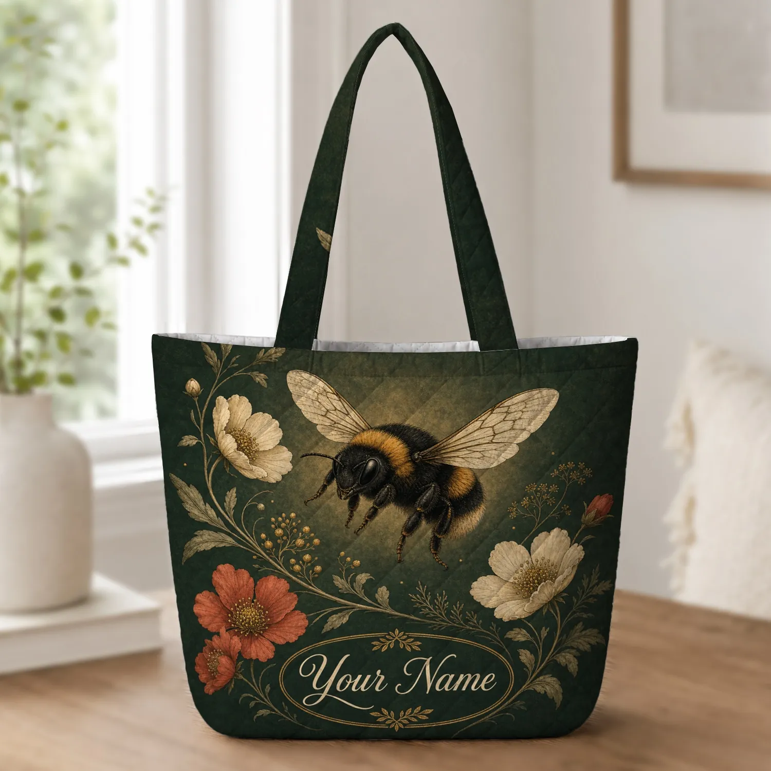 Vintage Bumblebee And Wildflower Forest Green Everyday Travel Gift For Garden Lovers Quilted Tote Bag - 1